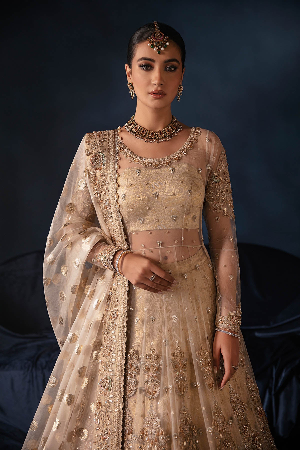 Pakistani Ivory Zardozi Net & Jamawar Lehenga (3-Piece) - Image 5