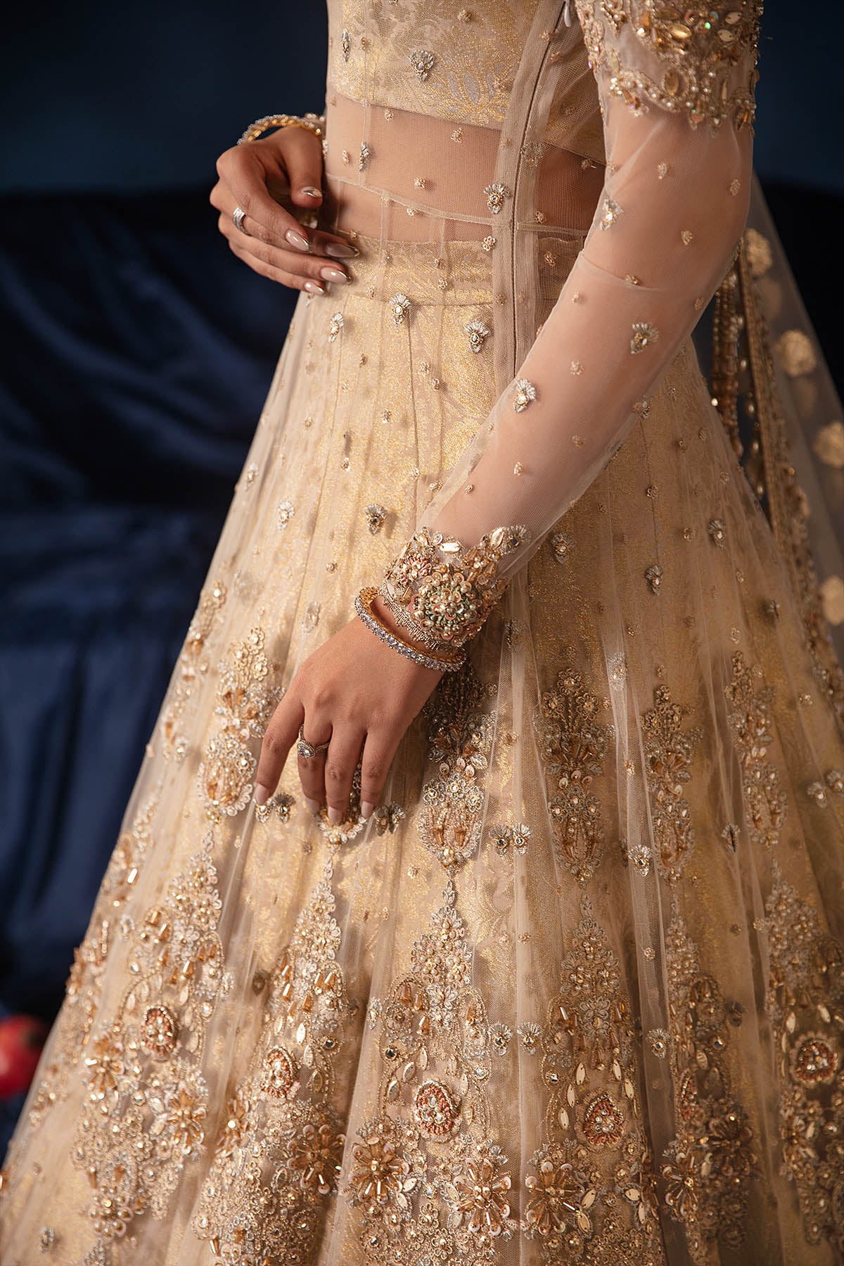 Pakistani Ivory Zardozi Net & Jamawar Lehenga (3-Piece) - Image 6