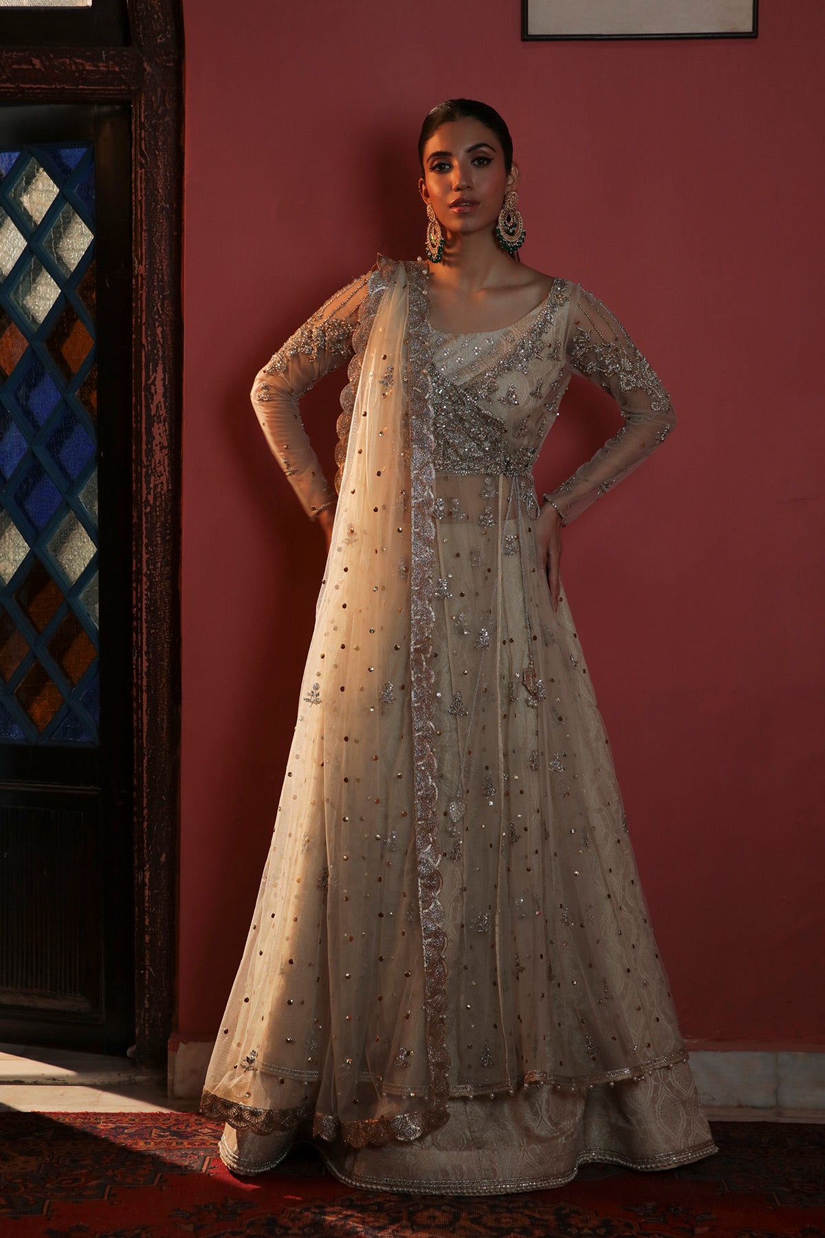 Pakistani Ivory Mukesh Net Angrakha Lehenga (3-Piece) - Image 1