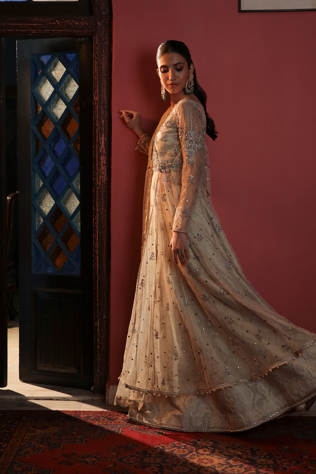 Pakistani Ivory Mukesh Net Angrakha Lehenga (3-Piece) - Image 2