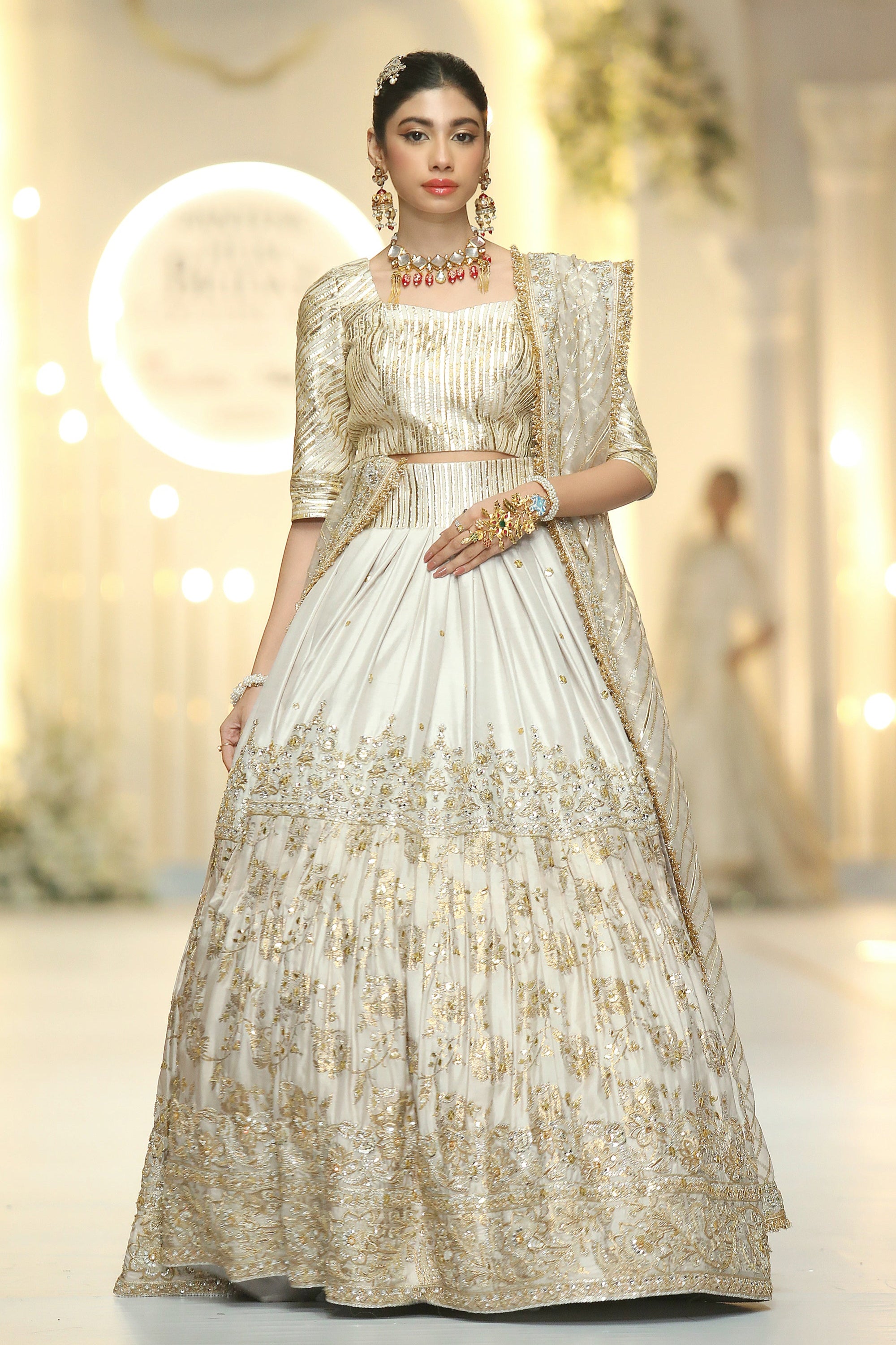 Pakistani White Sand Embellished Kataan Silk Lehenga (3-Piece) - Image 1