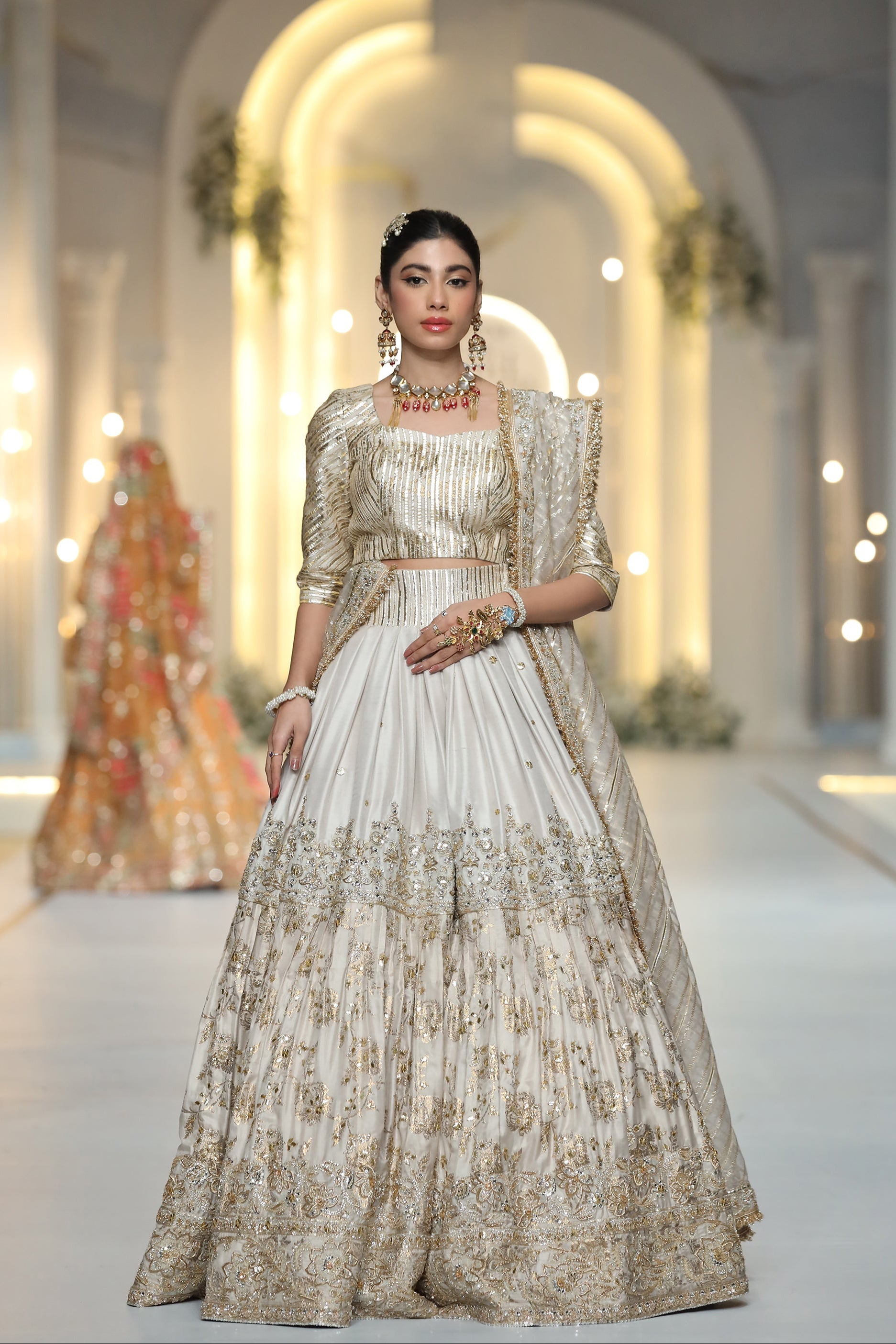Pakistani White Sand Embellished Kataan Silk Lehenga (3-Piece) - Image 2