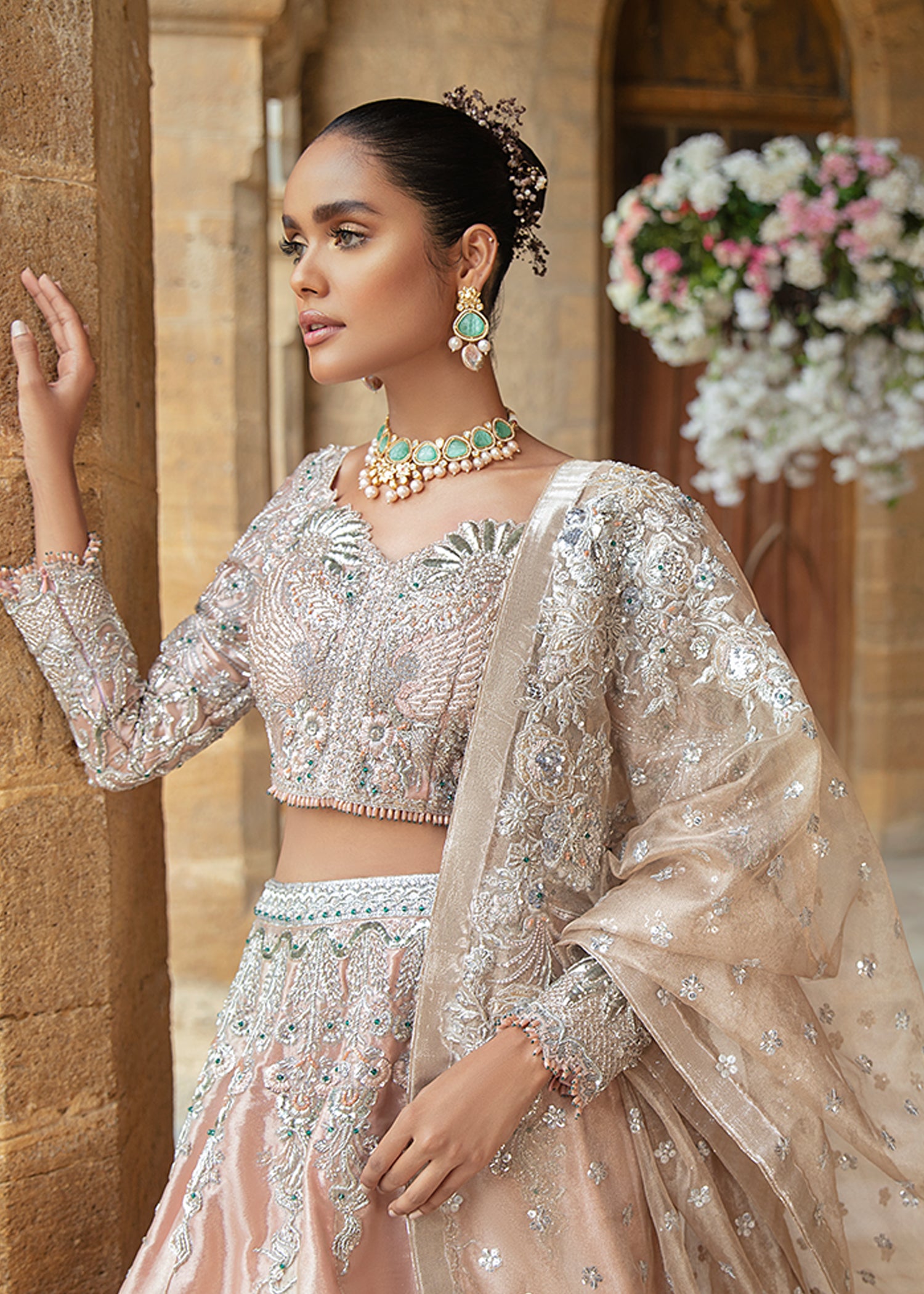 Pakistani Cream Embellished Katan Tissue Lehenga Choli (3-Piece) - Image 2