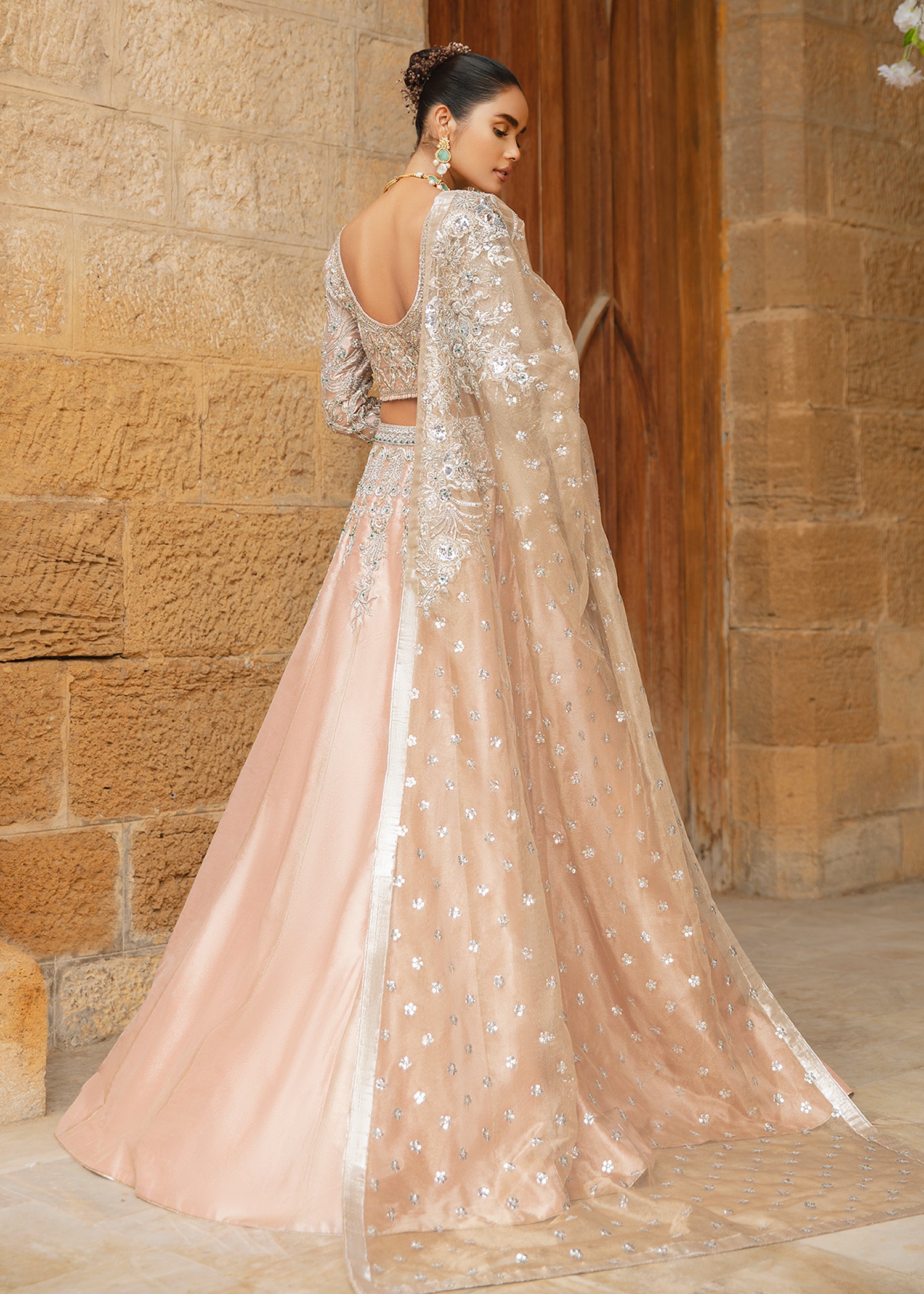 Pakistani Cream Embellished Katan Tissue Lehenga Choli (3-Piece) - Image 4