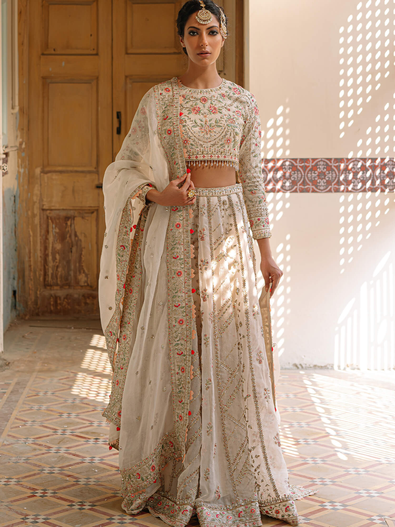 Ivory Zardozi Khadi Silk Lehenga Choli (3-Piece) - Image 1