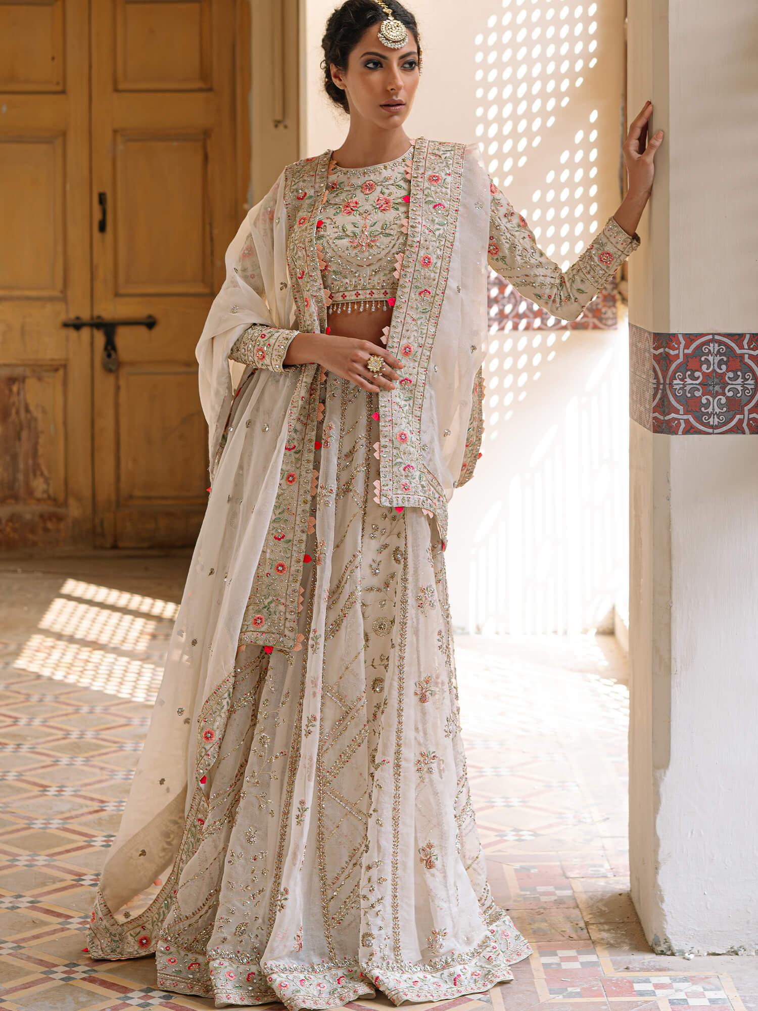 Ivory Zardozi Khadi Silk Lehenga Choli (3-Piece) - Image 3