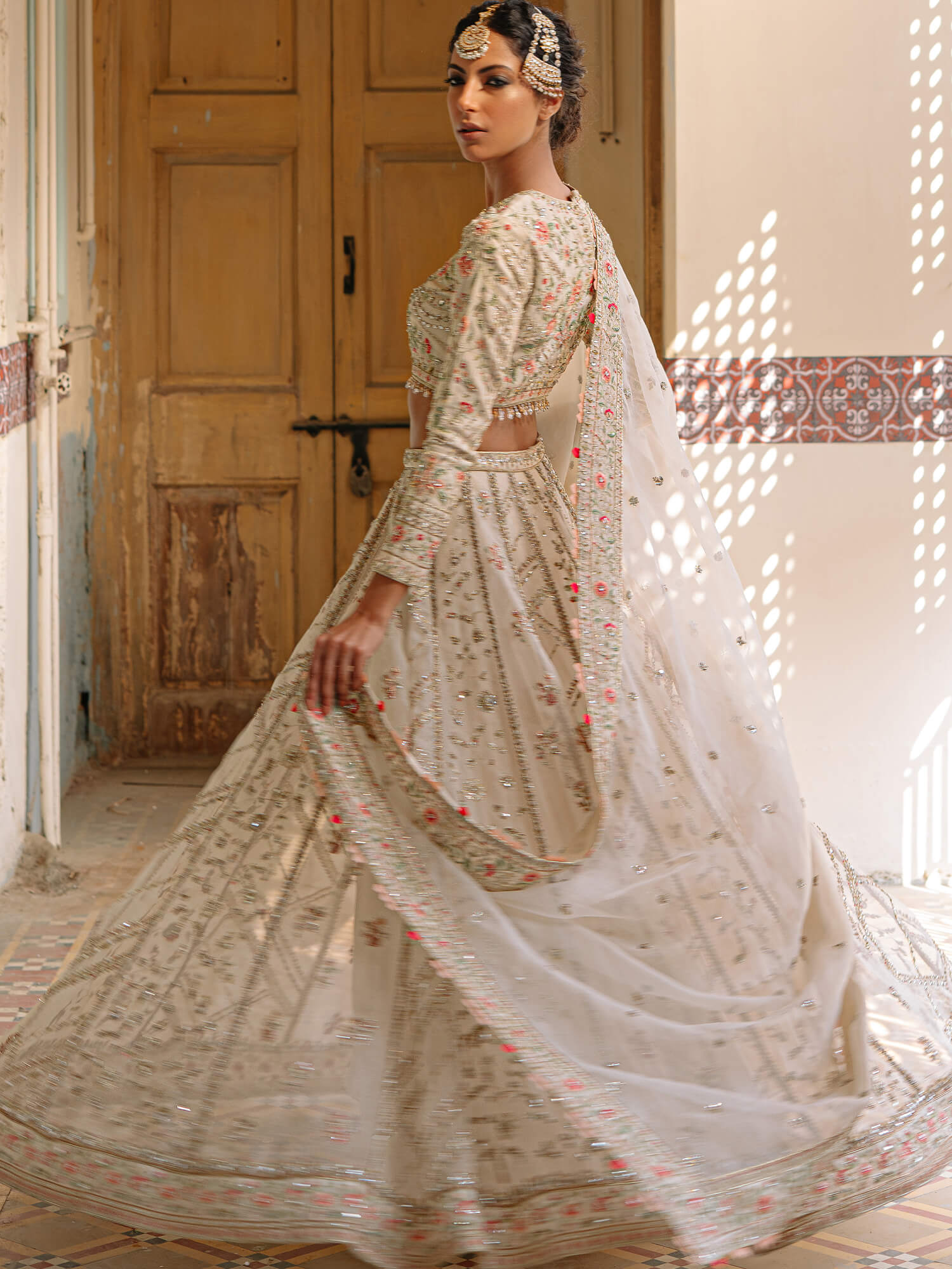 Ivory Zardozi Khadi Silk Lehenga Choli (3-Piece) - Image 4