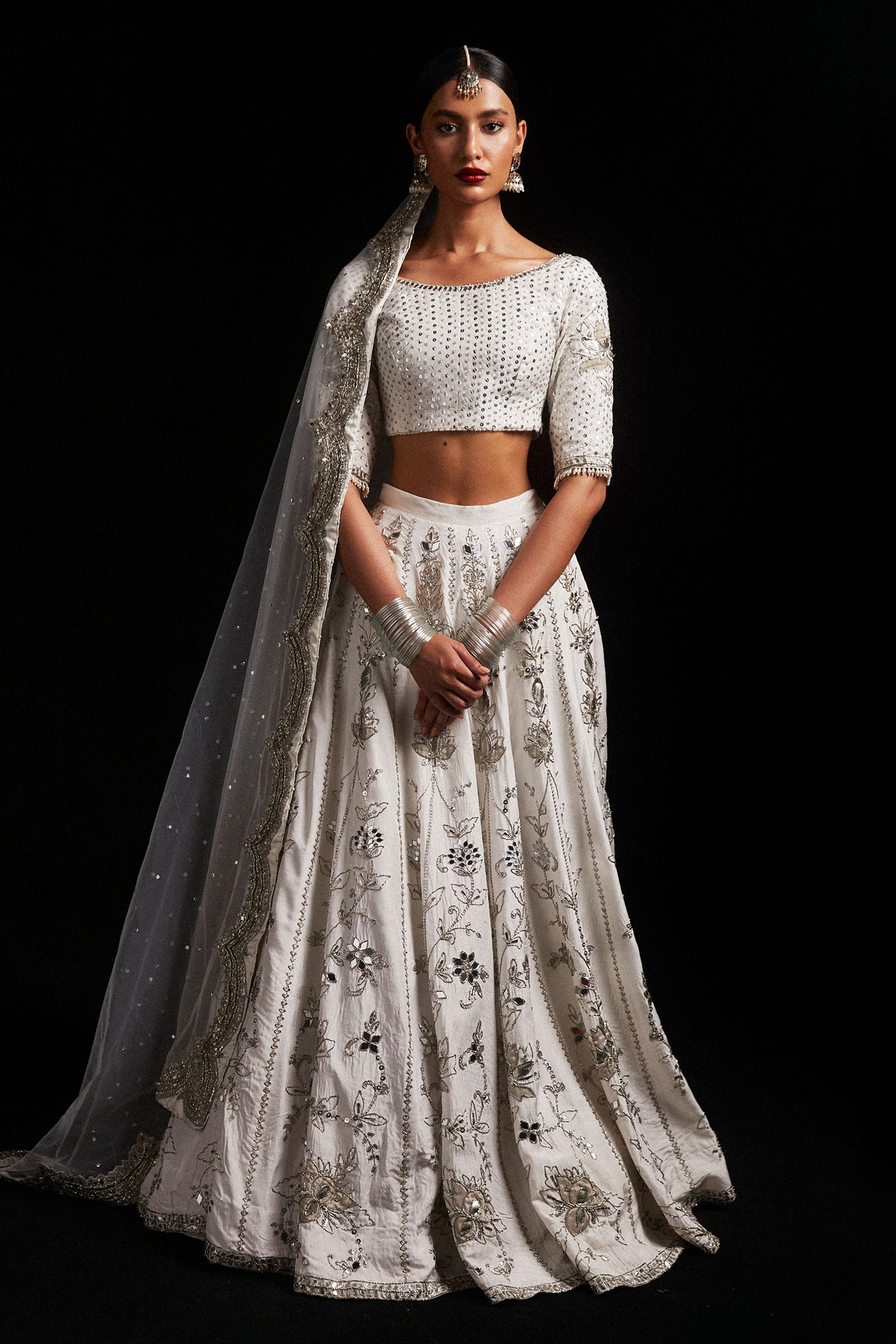 Ivory Zardozi Sheesha Korean Silk Lehenga (3-Piece) - Image 1