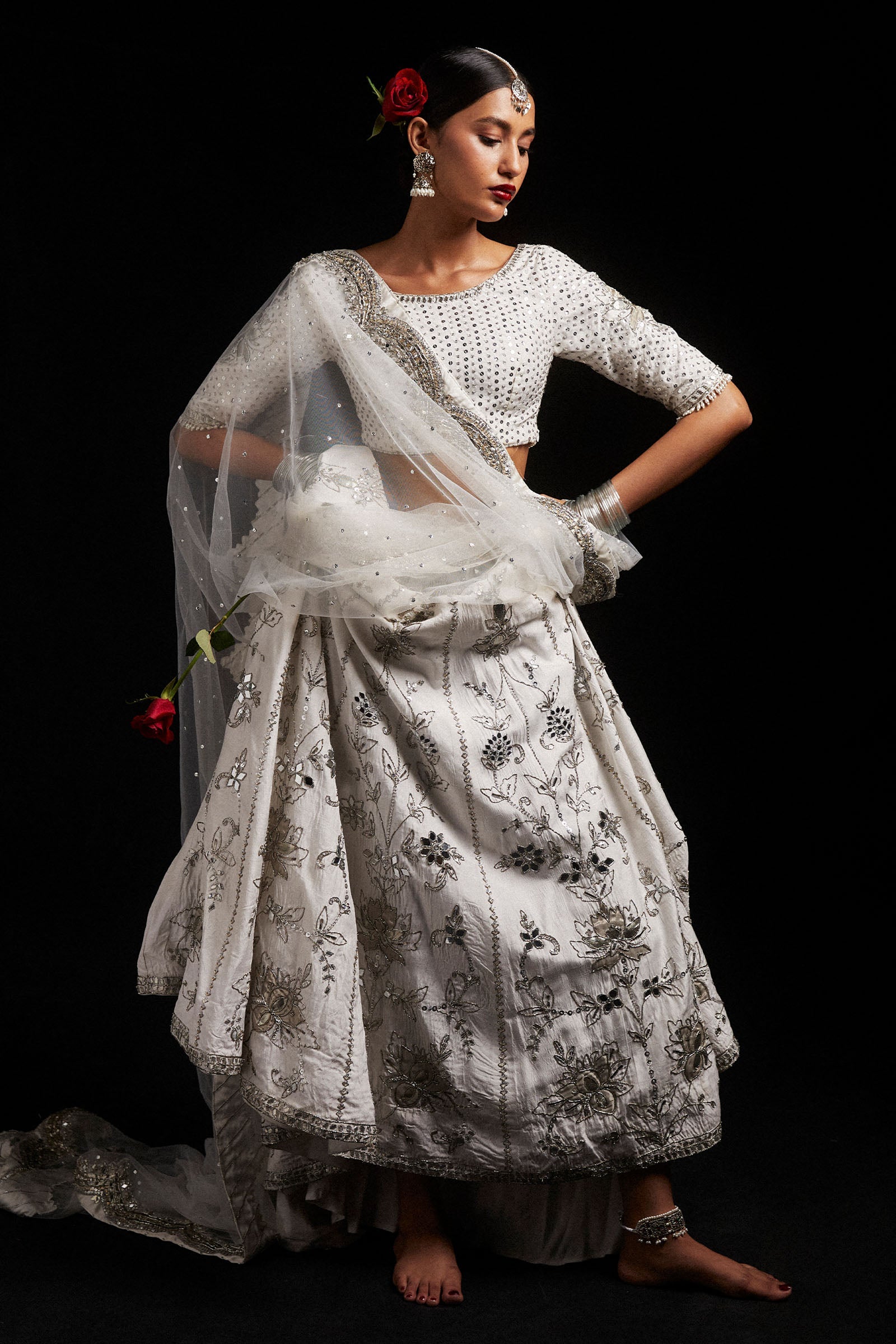 Ivory Zardozi Sheesha Korean Silk Lehenga (3-Piece) - Image 2