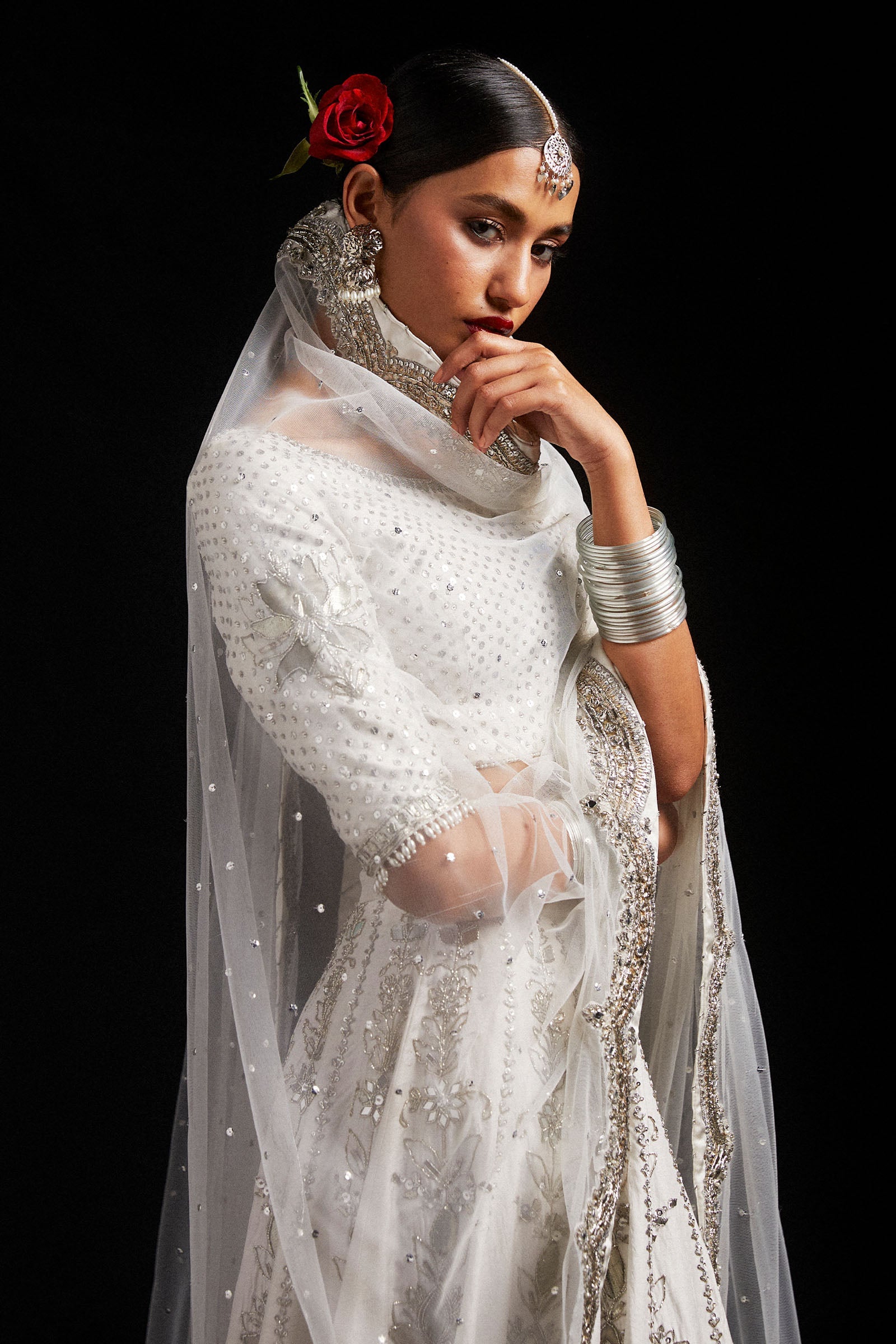 Ivory Zardozi Sheesha Korean Silk Lehenga (3-Piece) - Image 3