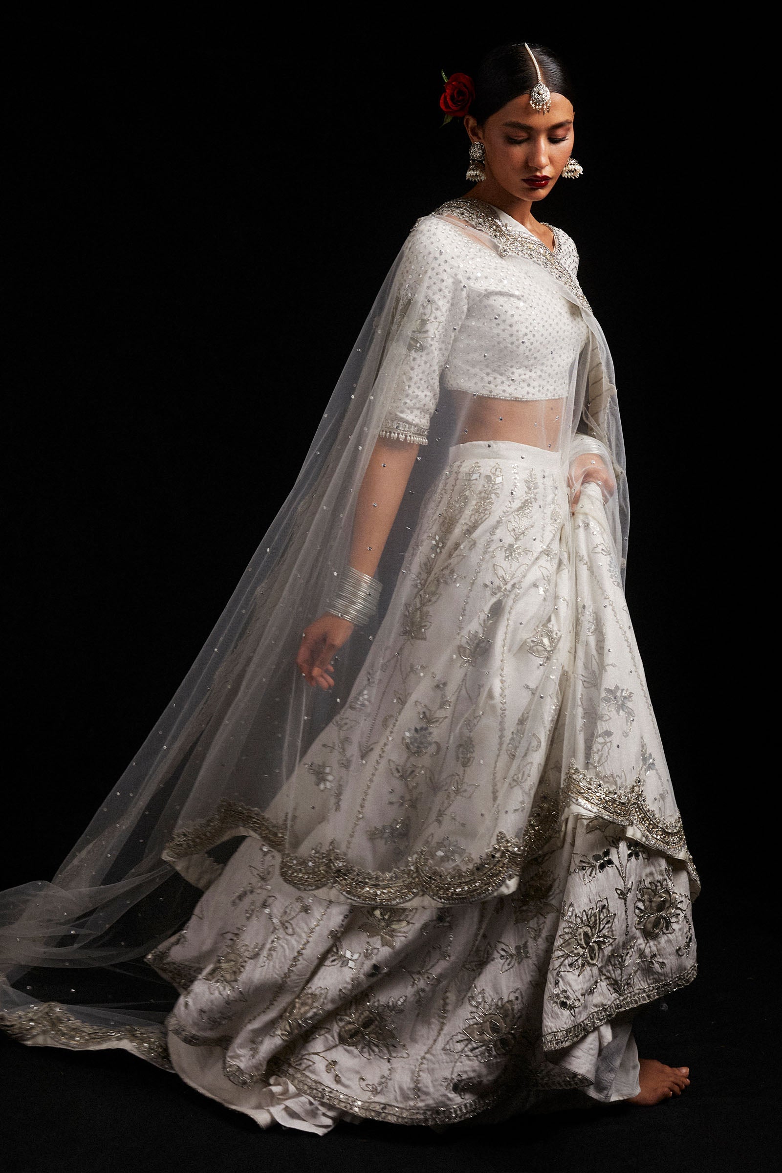 Ivory Zardozi Sheesha Korean Silk Lehenga (3-Piece) - Image 4