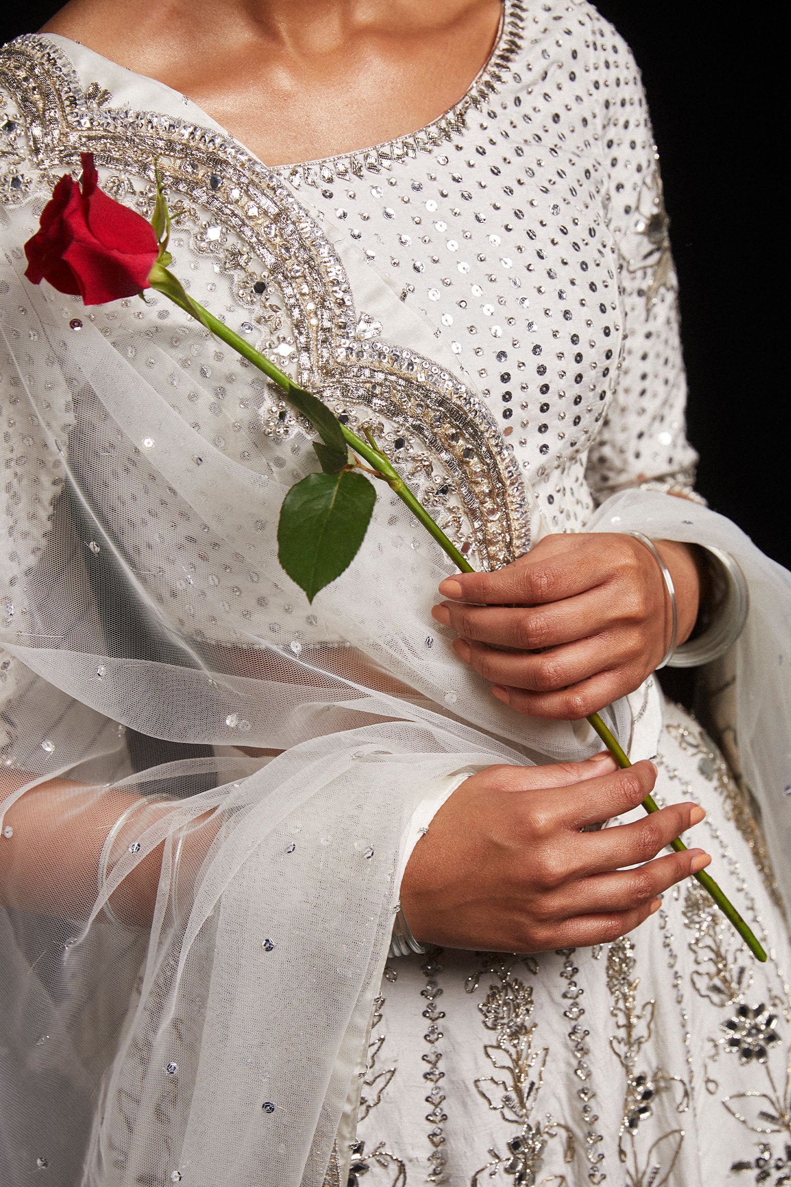 Ivory Zardozi Sheesha Korean Silk Lehenga (3-Piece) - Image 5