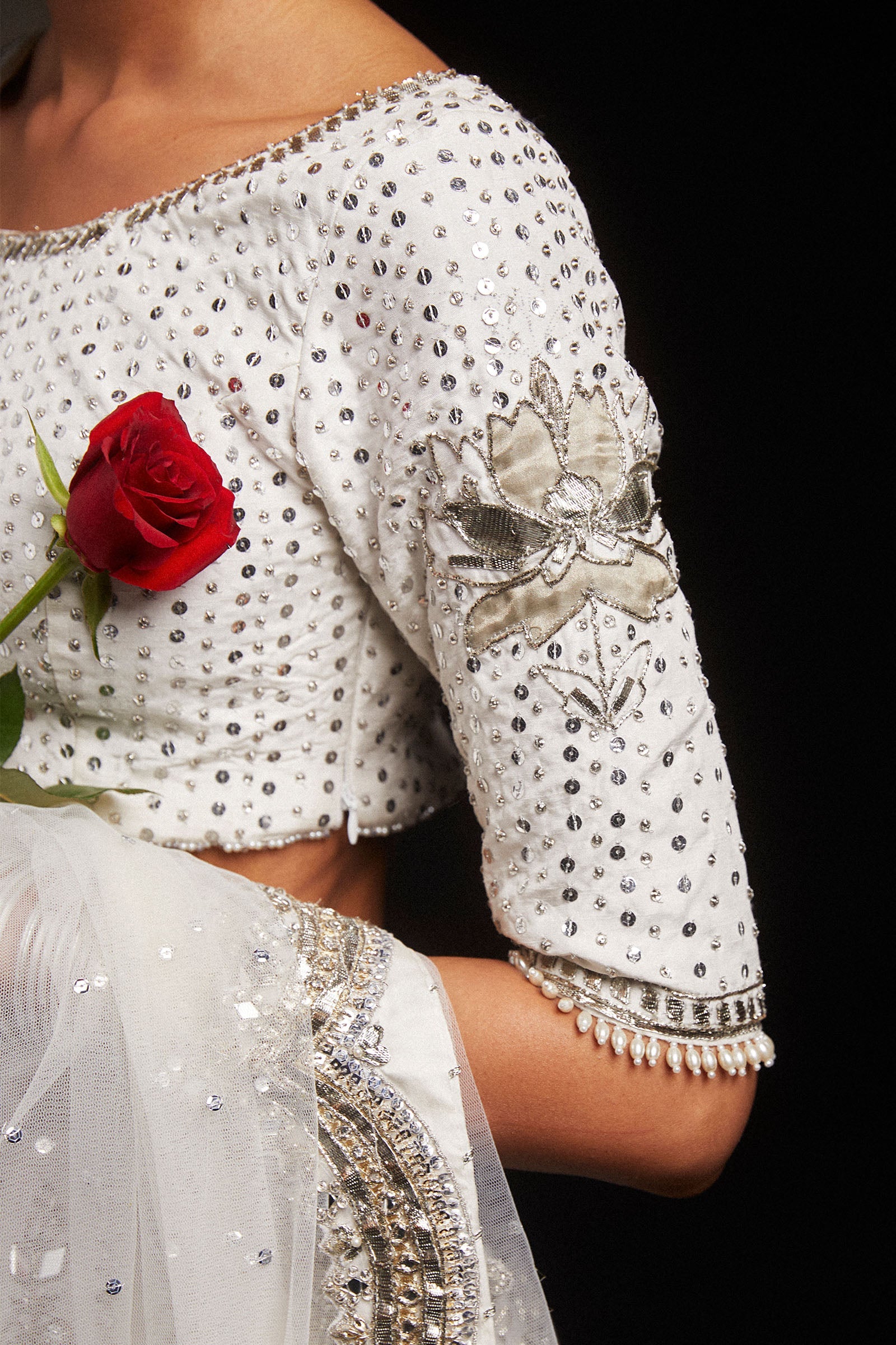 Ivory Zardozi Sheesha Korean Silk Lehenga (3-Piece) - Image 6