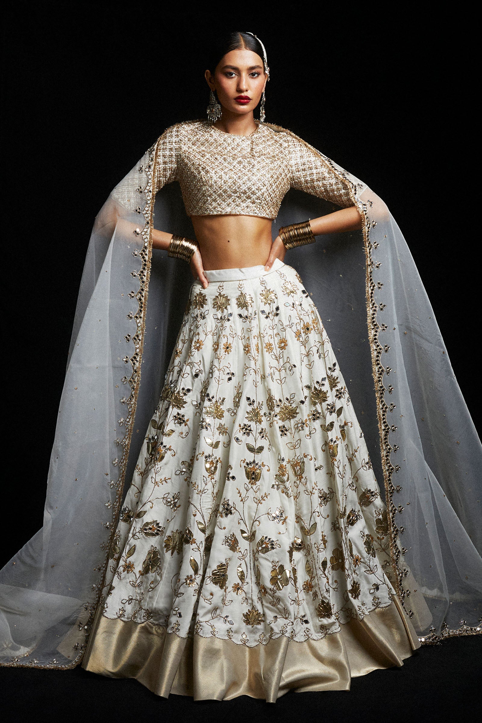 Pakistani Ivory Zardozi Sheesha Korean Silk Lehenga Choli (3-Piece) - Image 1