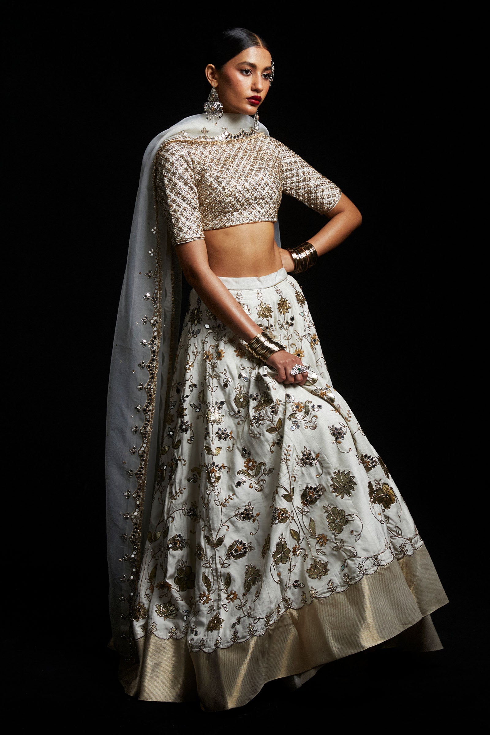 Pakistani Ivory Zardozi Sheesha Korean Silk Lehenga Choli (3-Piece) - Image 2