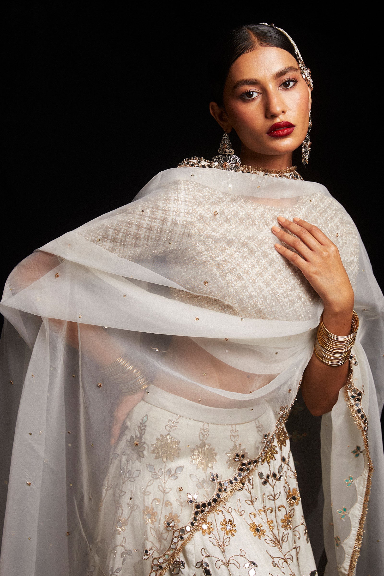 Pakistani Ivory Zardozi Sheesha Korean Silk Lehenga Choli (3-Piece) - Image 3