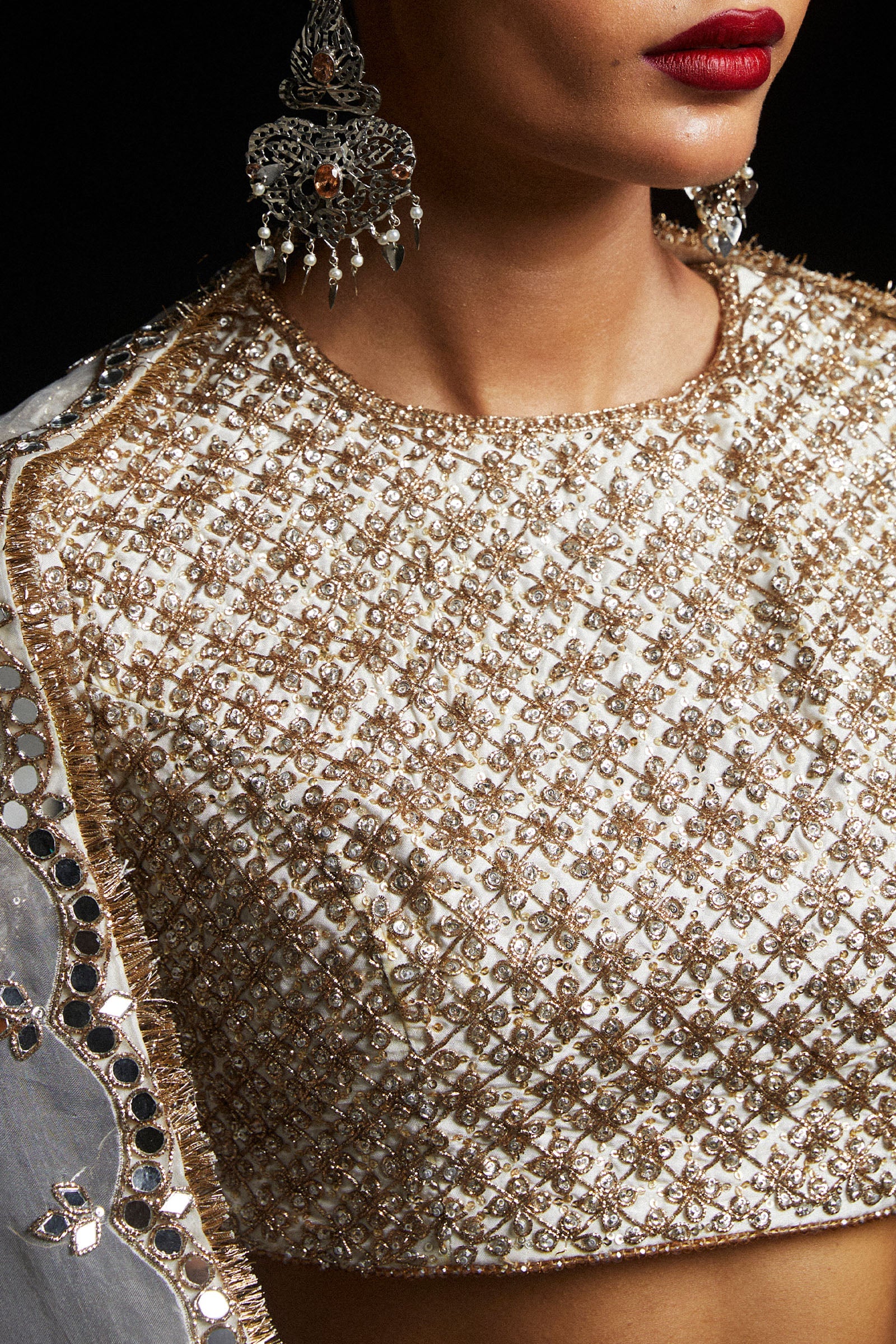 Pakistani Ivory Zardozi Sheesha Korean Silk Lehenga Choli (3-Piece) - Image 4