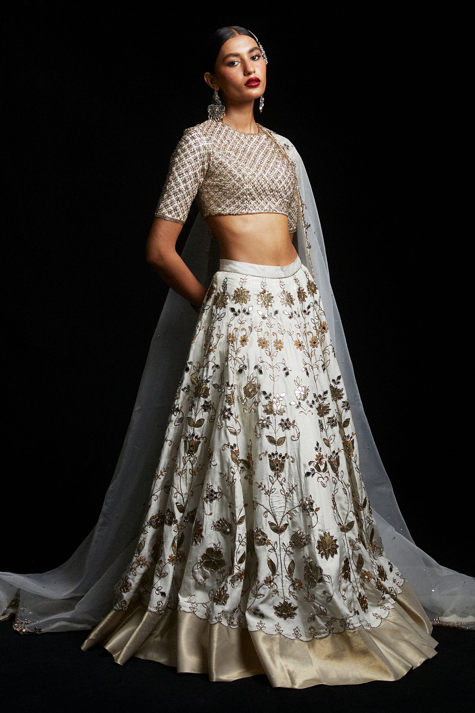 Pakistani Ivory Zardozi Sheesha Korean Silk Lehenga Choli (3-Piece) - Image 5