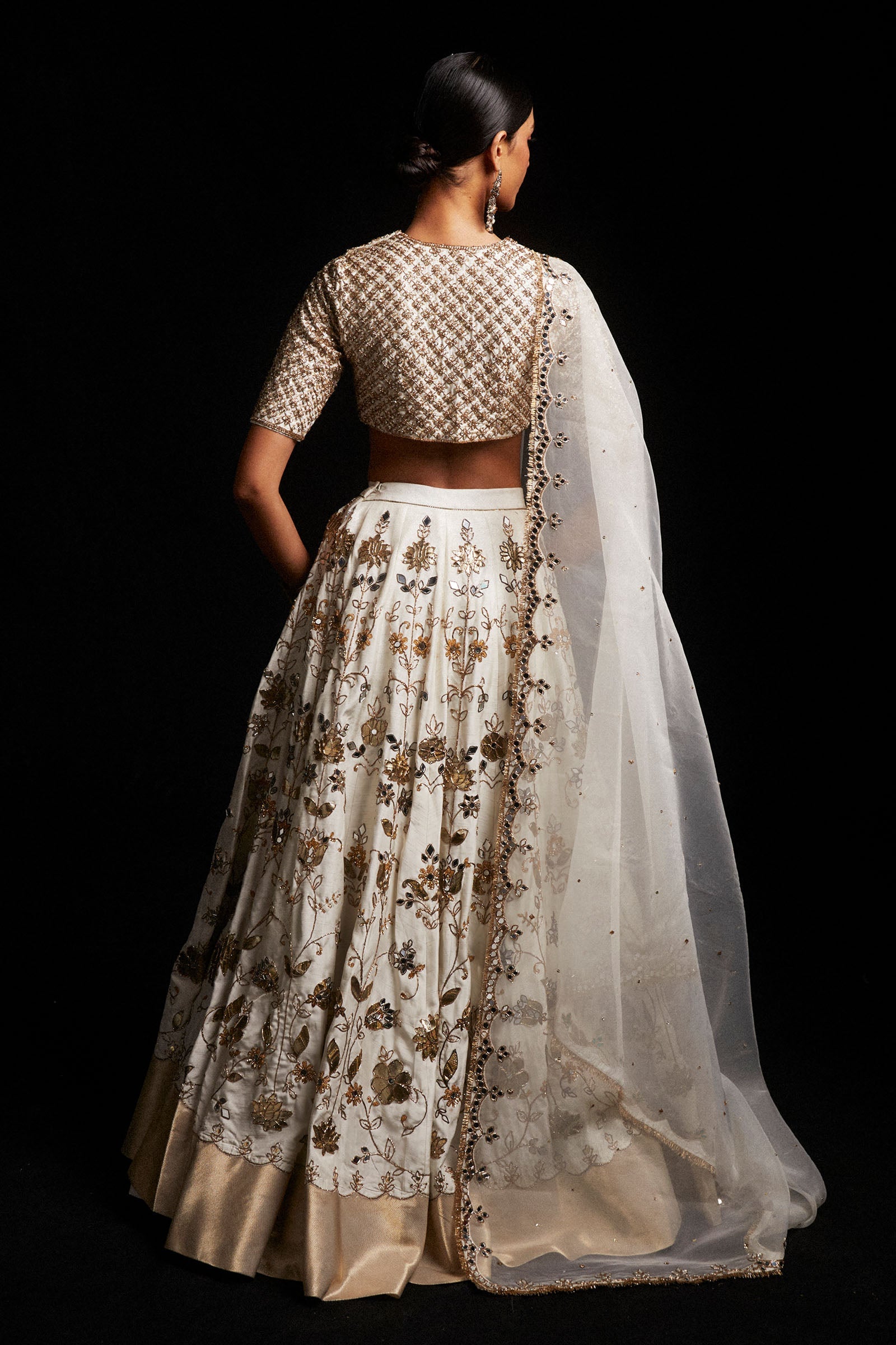 Pakistani Ivory Zardozi Sheesha Korean Silk Lehenga Choli (3-Piece) - Image 6