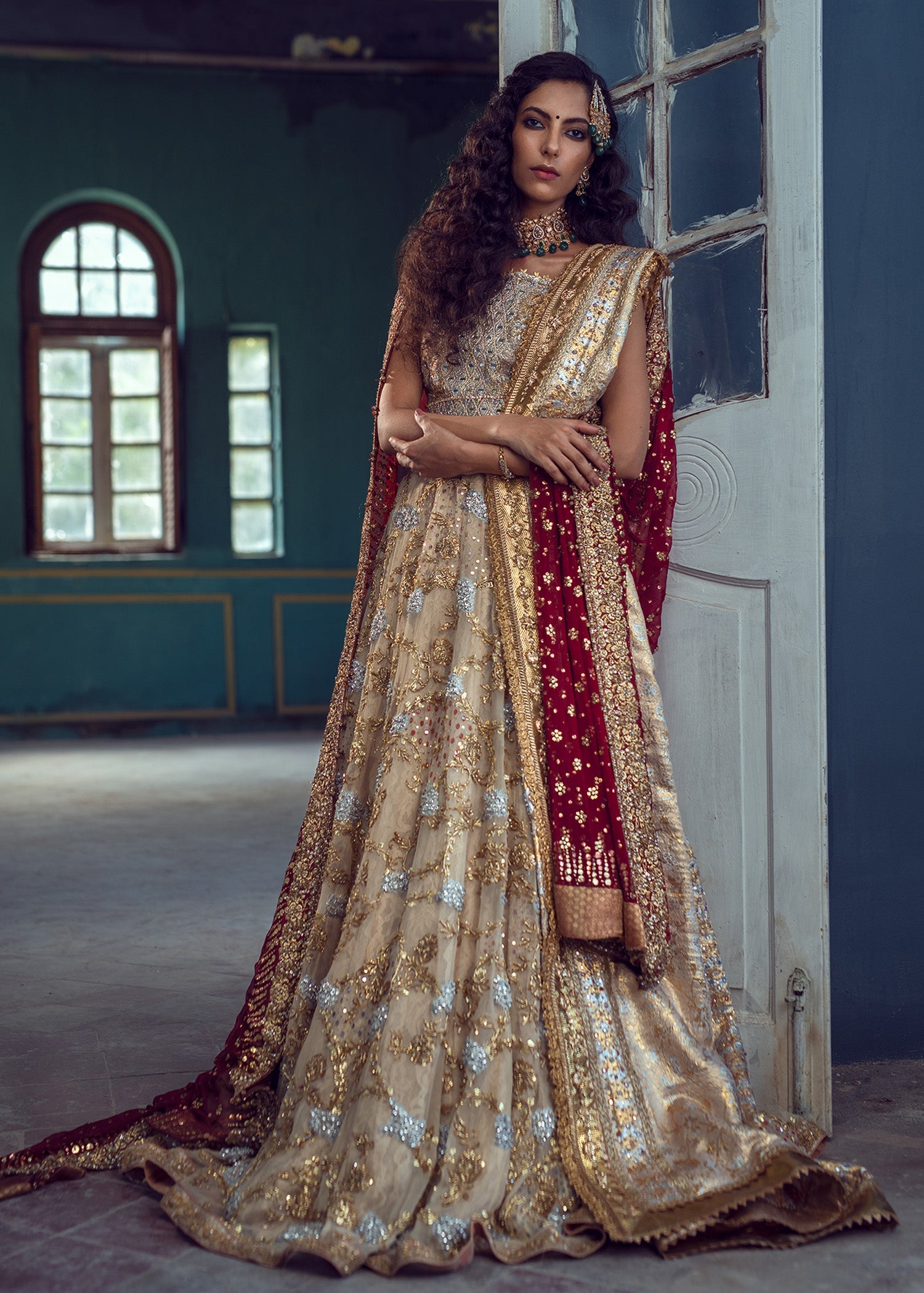 Ivory Beige Embroidered Maysori Lurex Lehenga (4-Piece) - Image 1