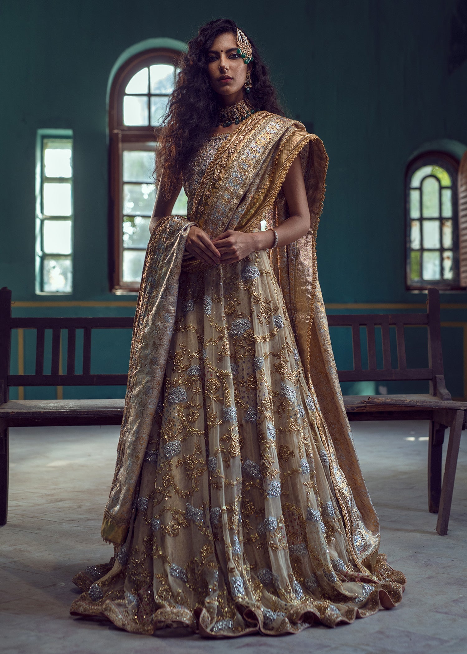 Ivory Beige Embroidered Maysori Lurex Lehenga (4-Piece) - Image 2