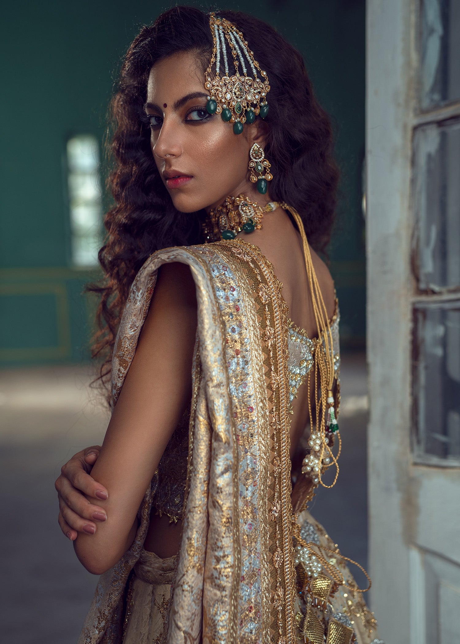 Ivory Beige Embroidered Maysori Lurex Lehenga (4-Piece) - Image 3