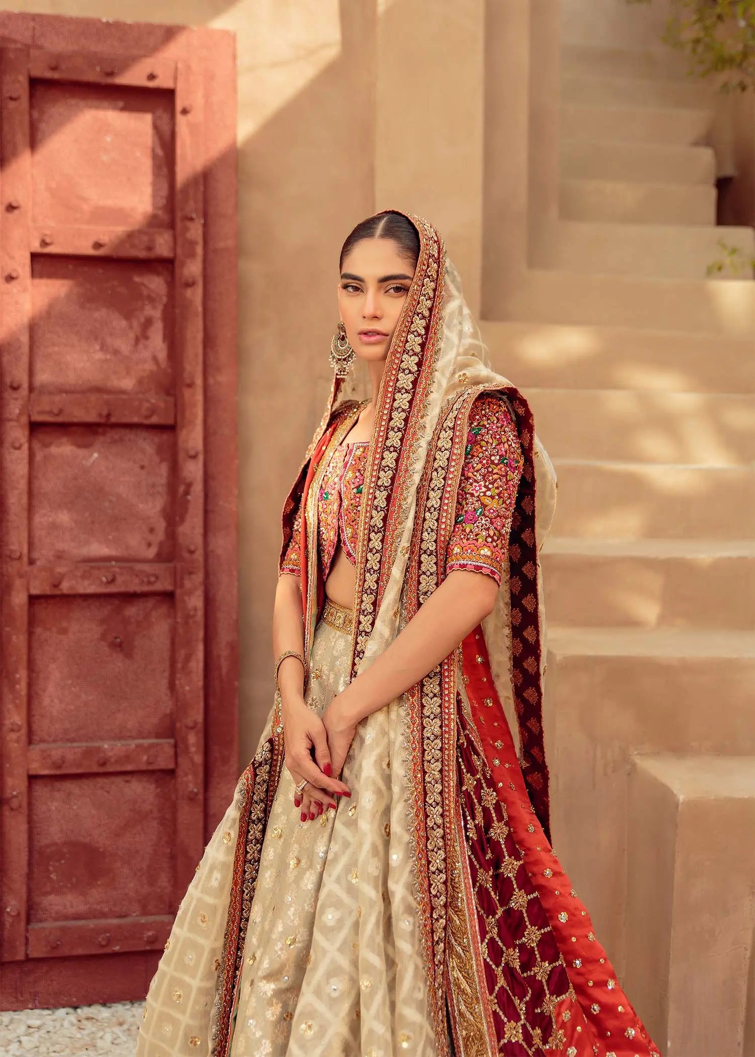 Ivory and Red Embellished Metallic Brocade Bridal Lehenga (3-Piece) - Image 2