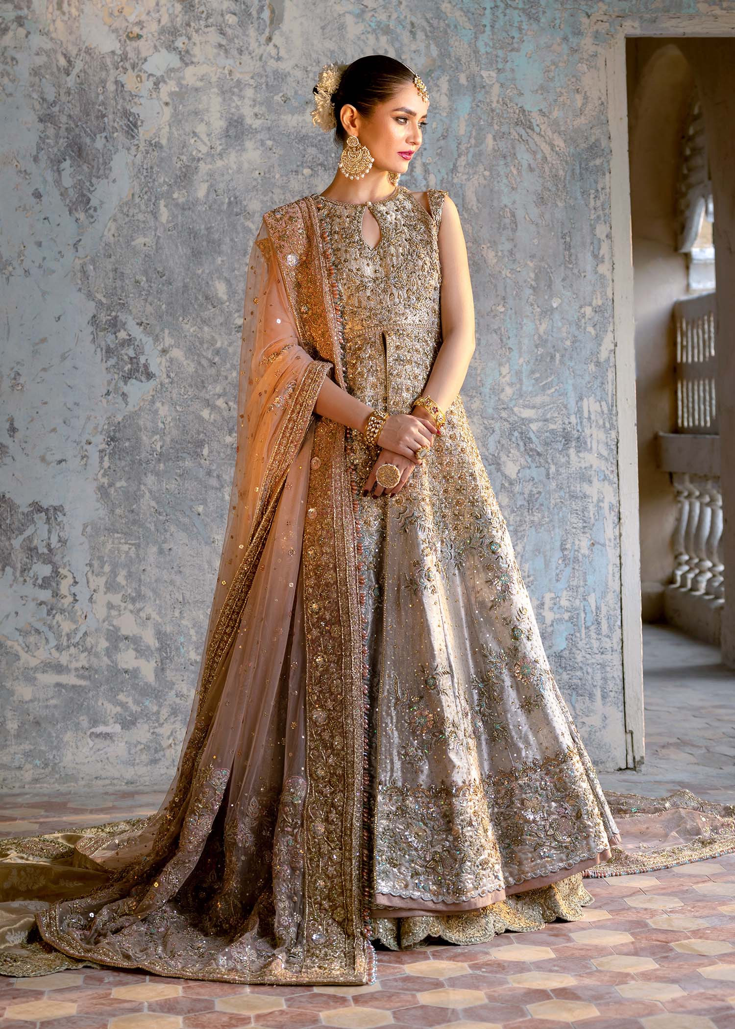 Pakistani Ivory Gold Embroidered Atlas Gown & Mysore Lehenga (3-Piece) - Image 1
