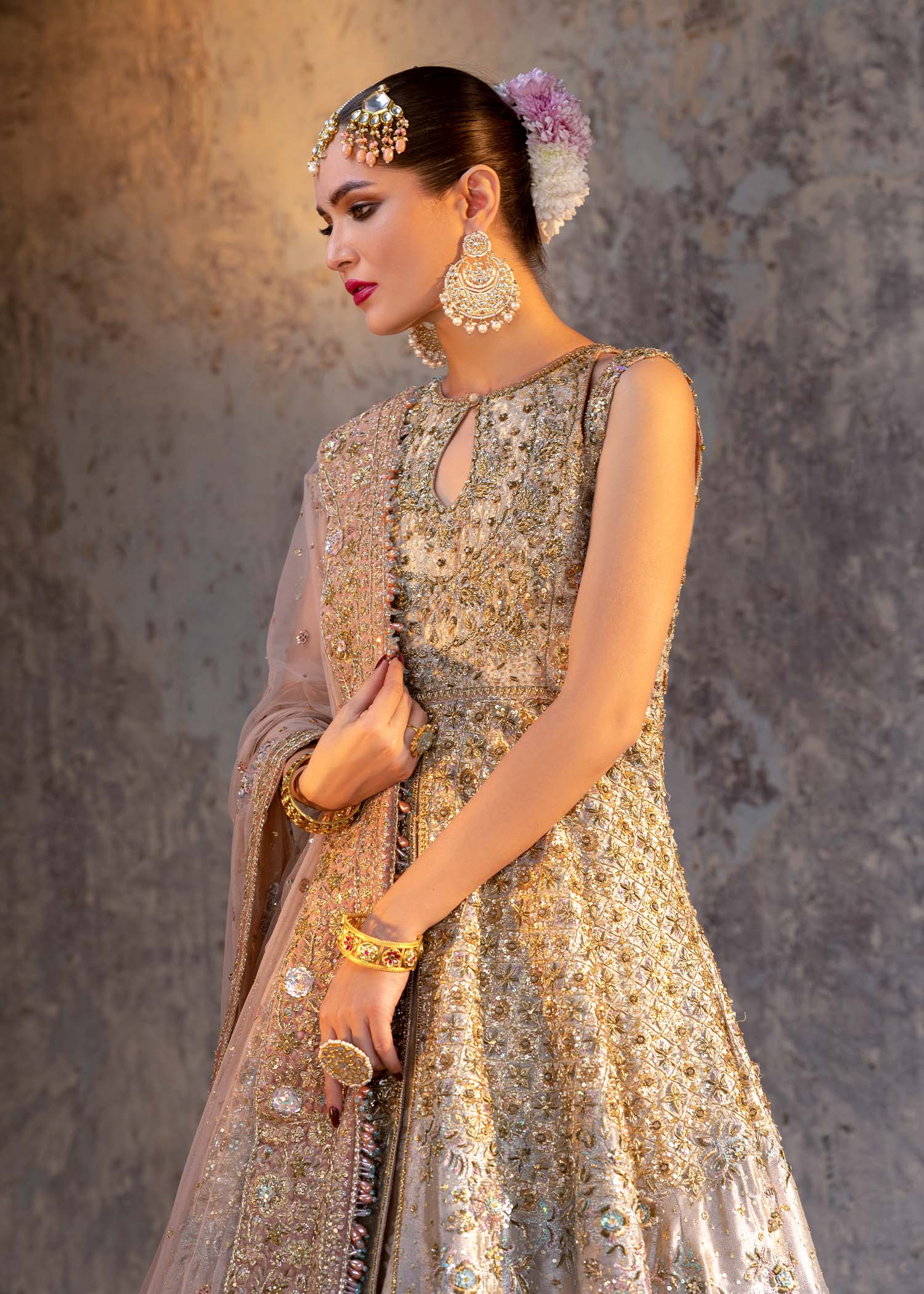 Pakistani Ivory Gold Embroidered Atlas Gown & Mysore Lehenga (3-Piece) - Image 2