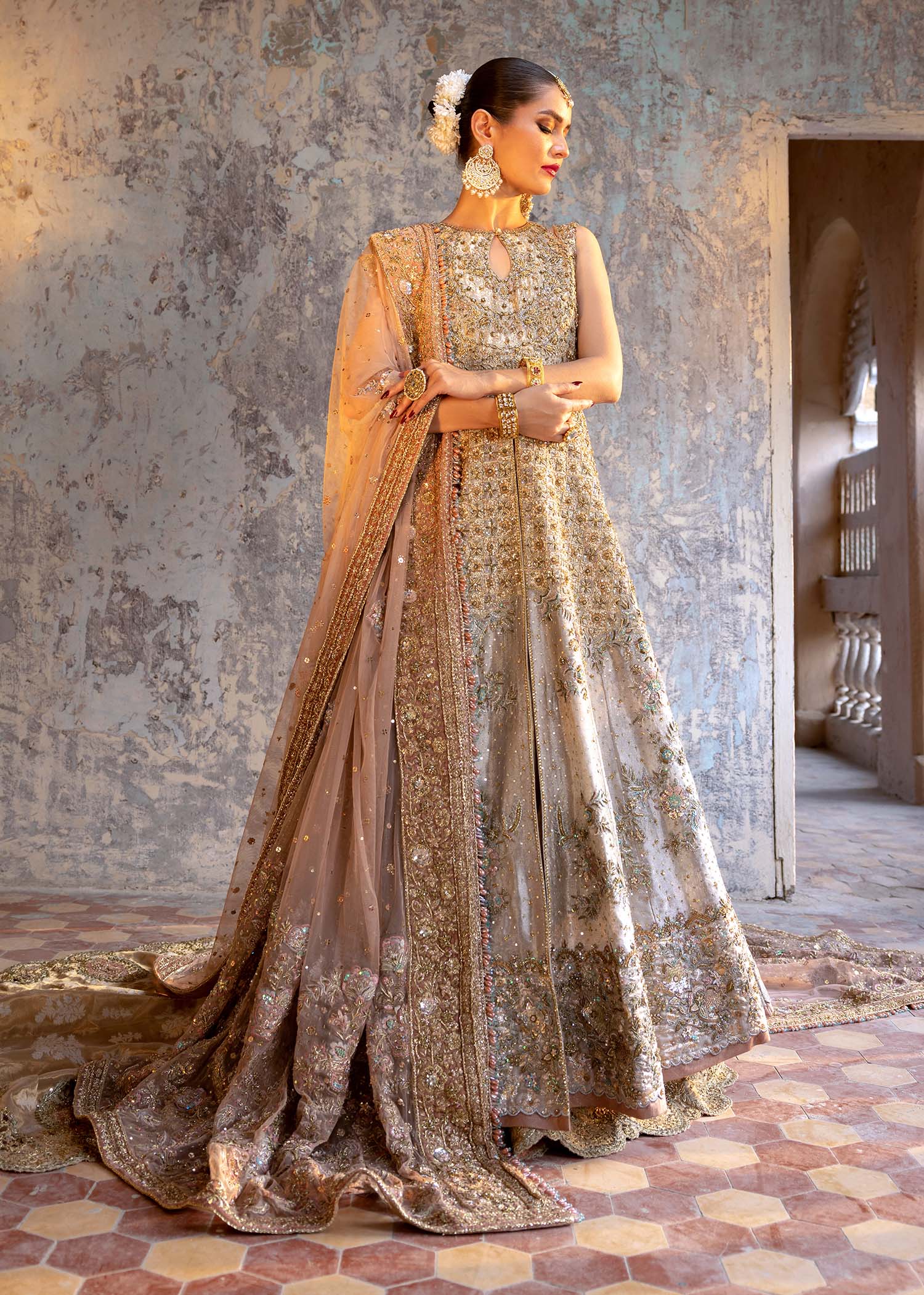Pakistani Ivory Gold Embroidered Atlas Gown & Mysore Lehenga (3-Piece) - Image 4