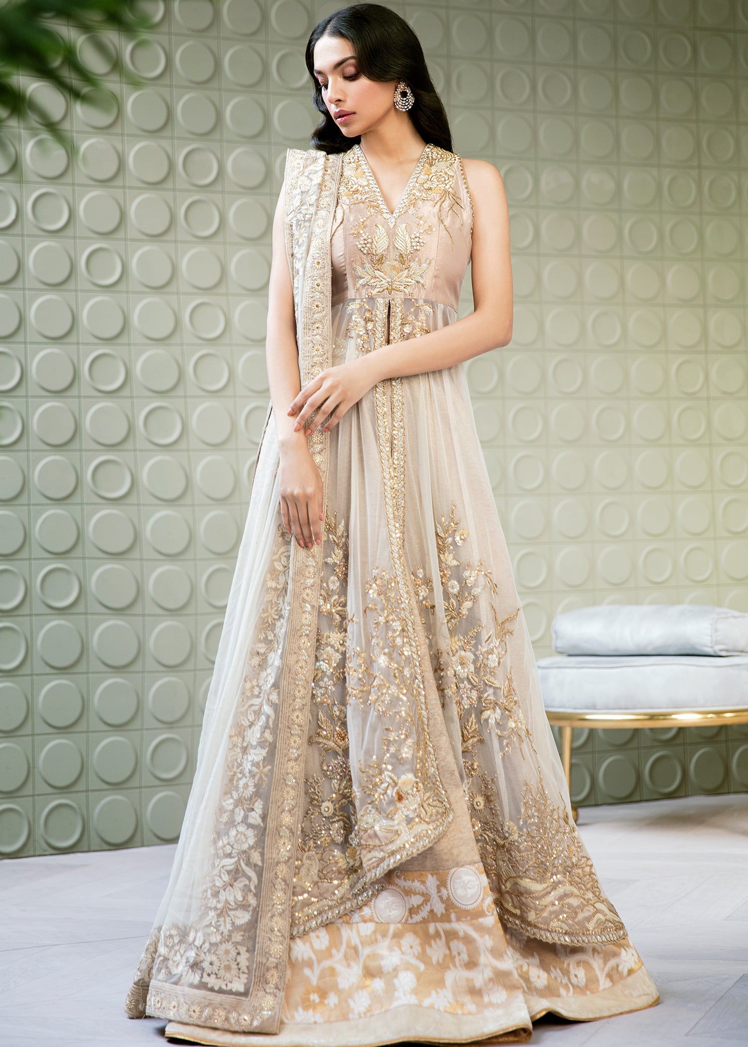 Ivory Rosegold Embellished Net High-Low Lehenga (3-Piece) - Image 1