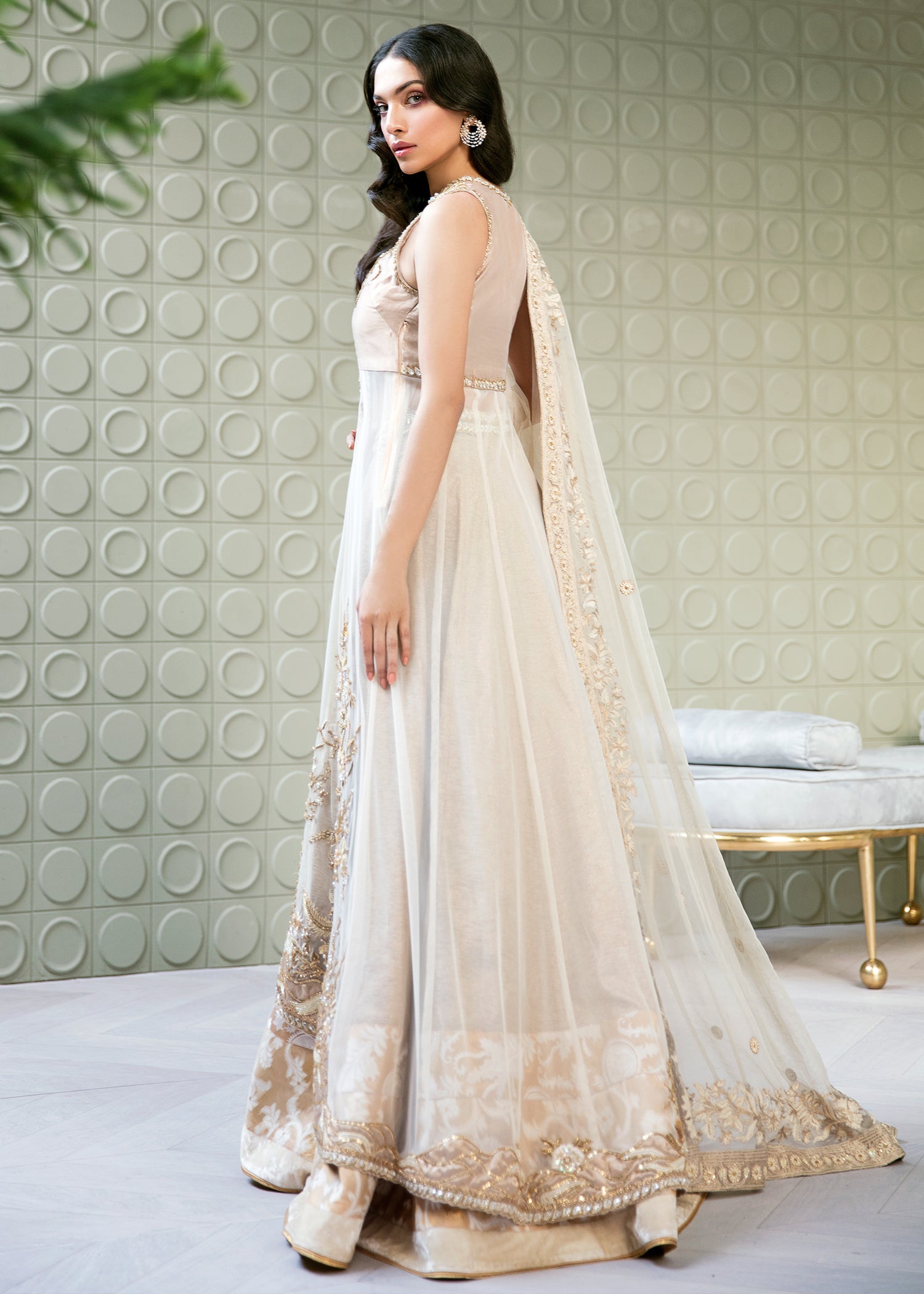 Ivory Rosegold Embellished Net High-Low Lehenga (3-Piece) - Image 3