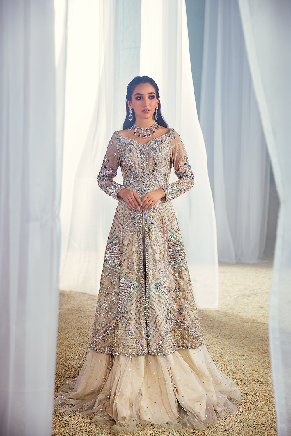 Ivory Beige Handworked Net Silk Lehenga (2-Piece) - Image 1