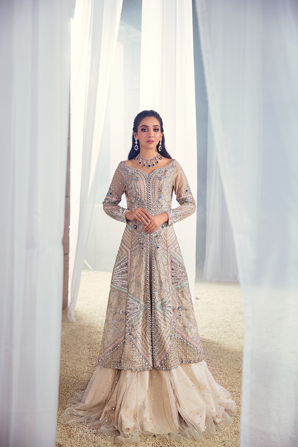 Ivory Beige Handworked Net Silk Lehenga (2-Piece) - Image 5