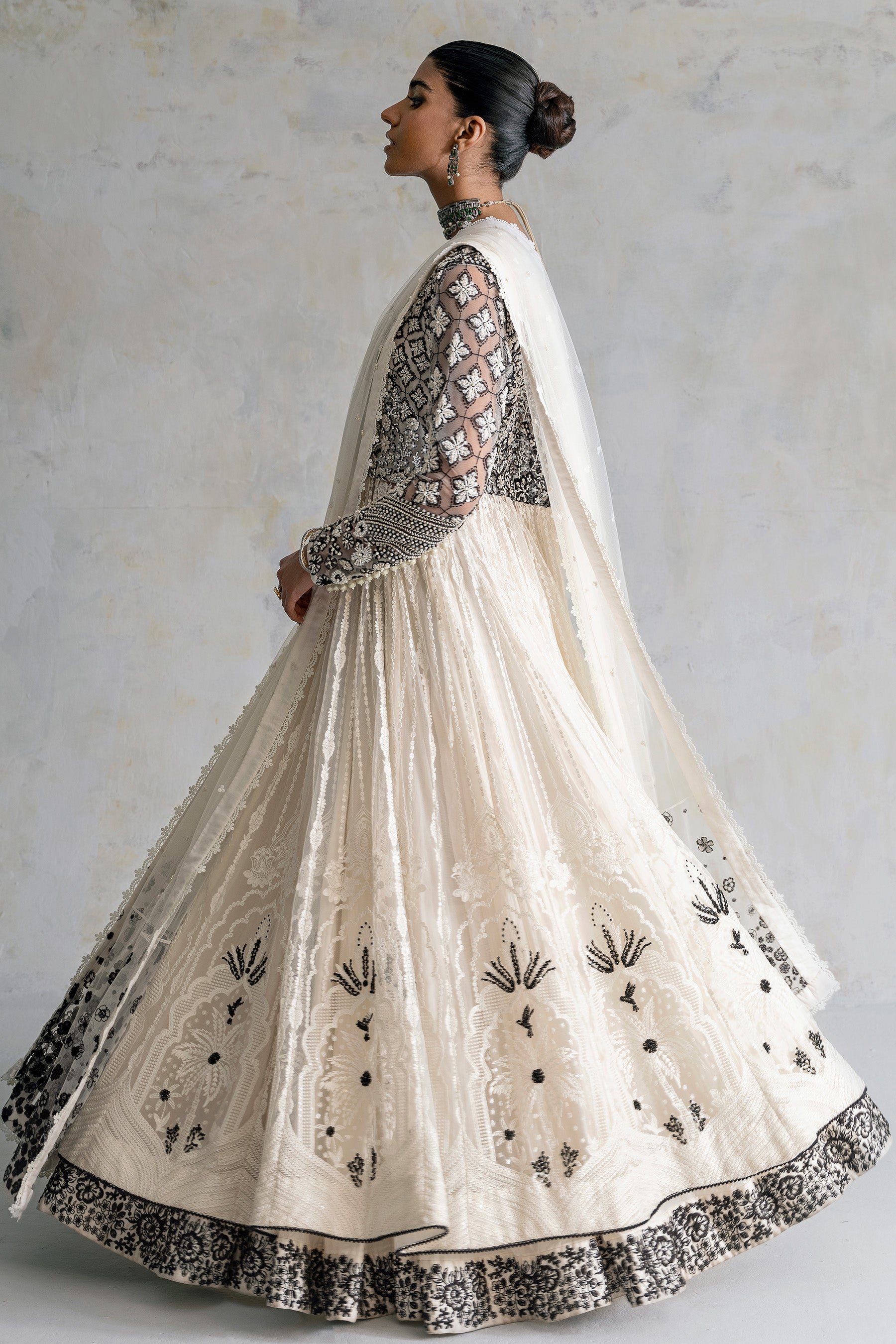 Pakistani Ivory Black Embroidered Net Peshwas Dress (3-Piece) - Image 3