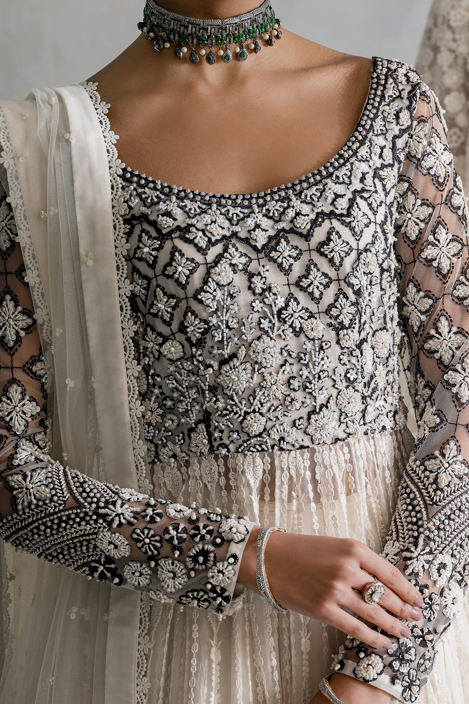 Pakistani Ivory Black Embroidered Net Peshwas Dress (3-Piece) - Image 5