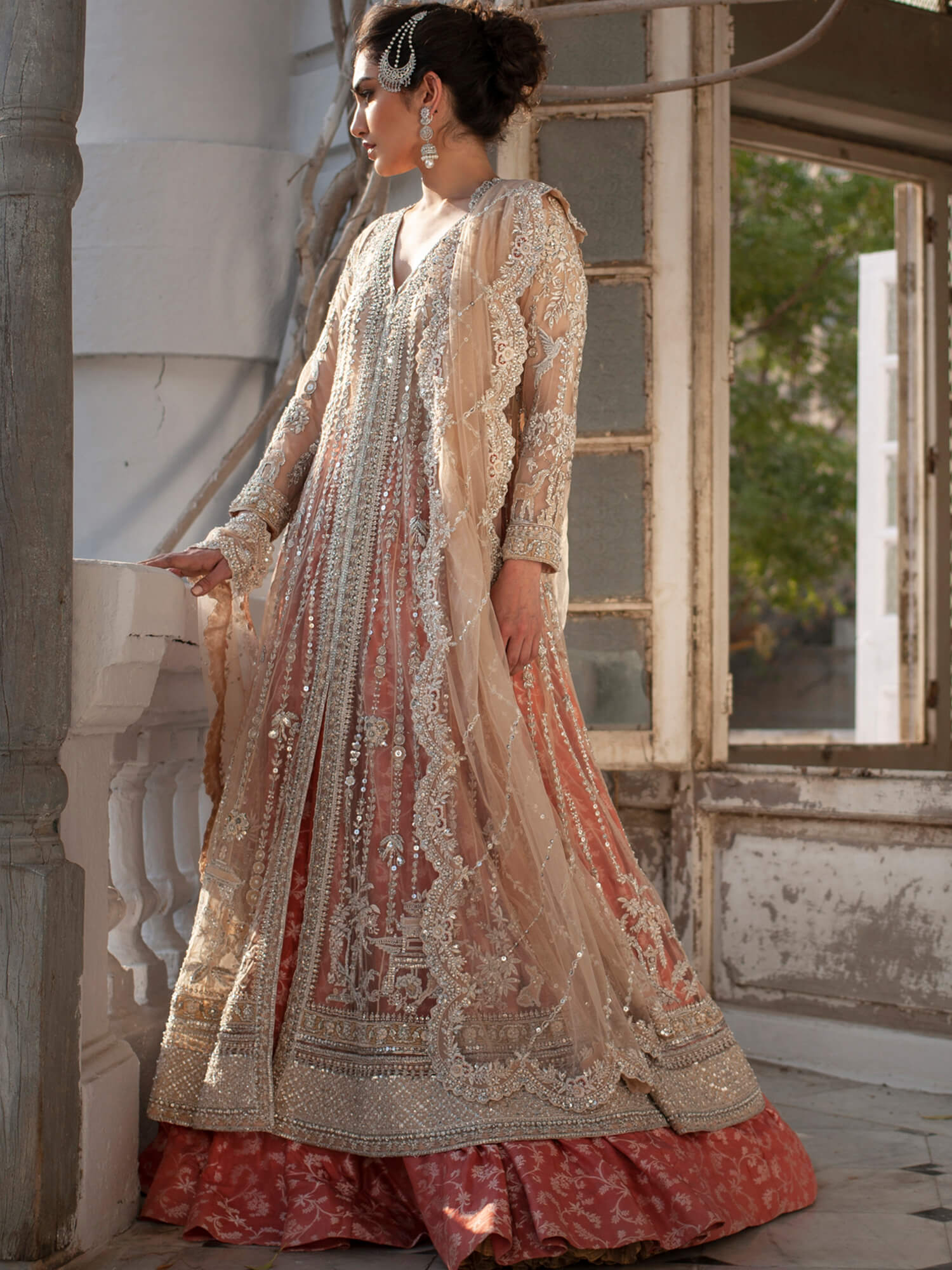 Pakistani Ivory Embroidered Net Kalidar with Brocade Lehenga (3-Piece) - Image 1
