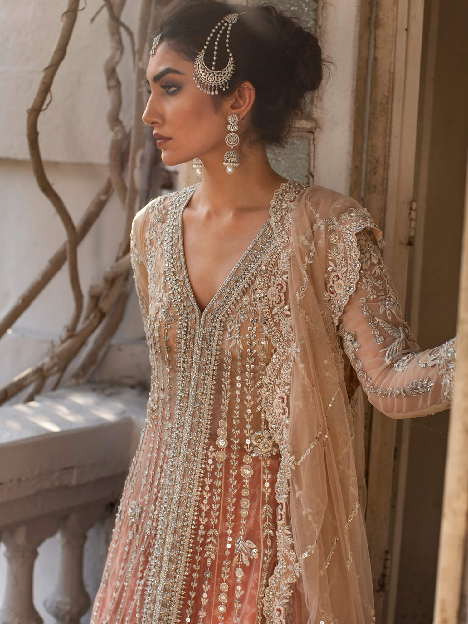 Pakistani Ivory Embroidered Net Kalidar with Brocade Lehenga (3-Piece) - Image 2