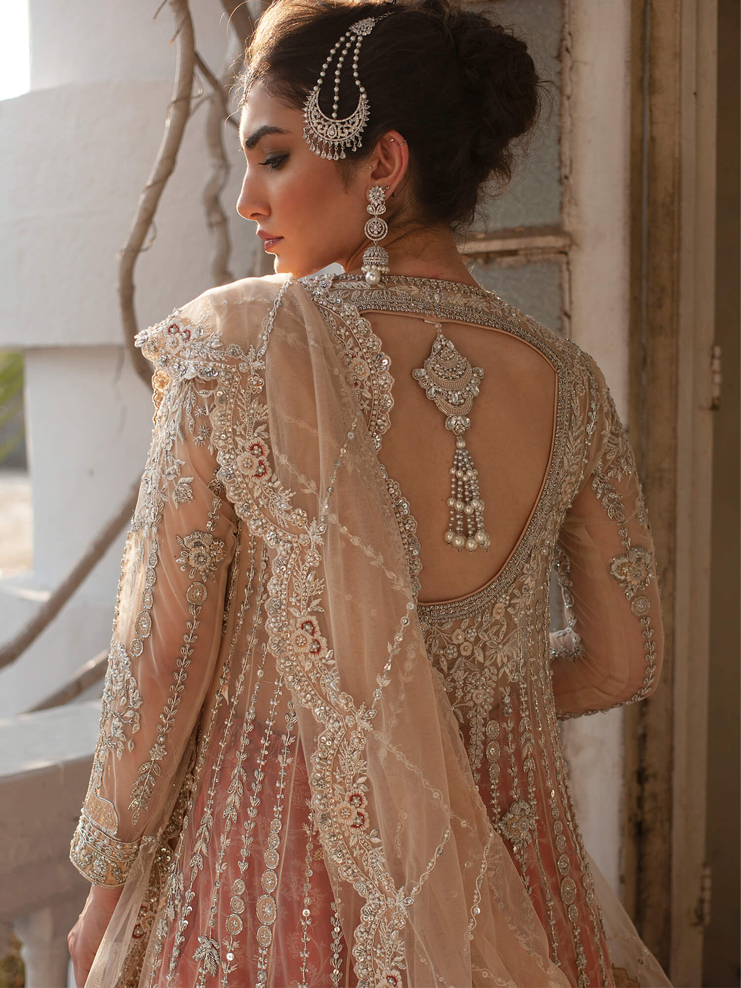 Pakistani Ivory Embroidered Net Kalidar with Brocade Lehenga (3-Piece) - Image 3