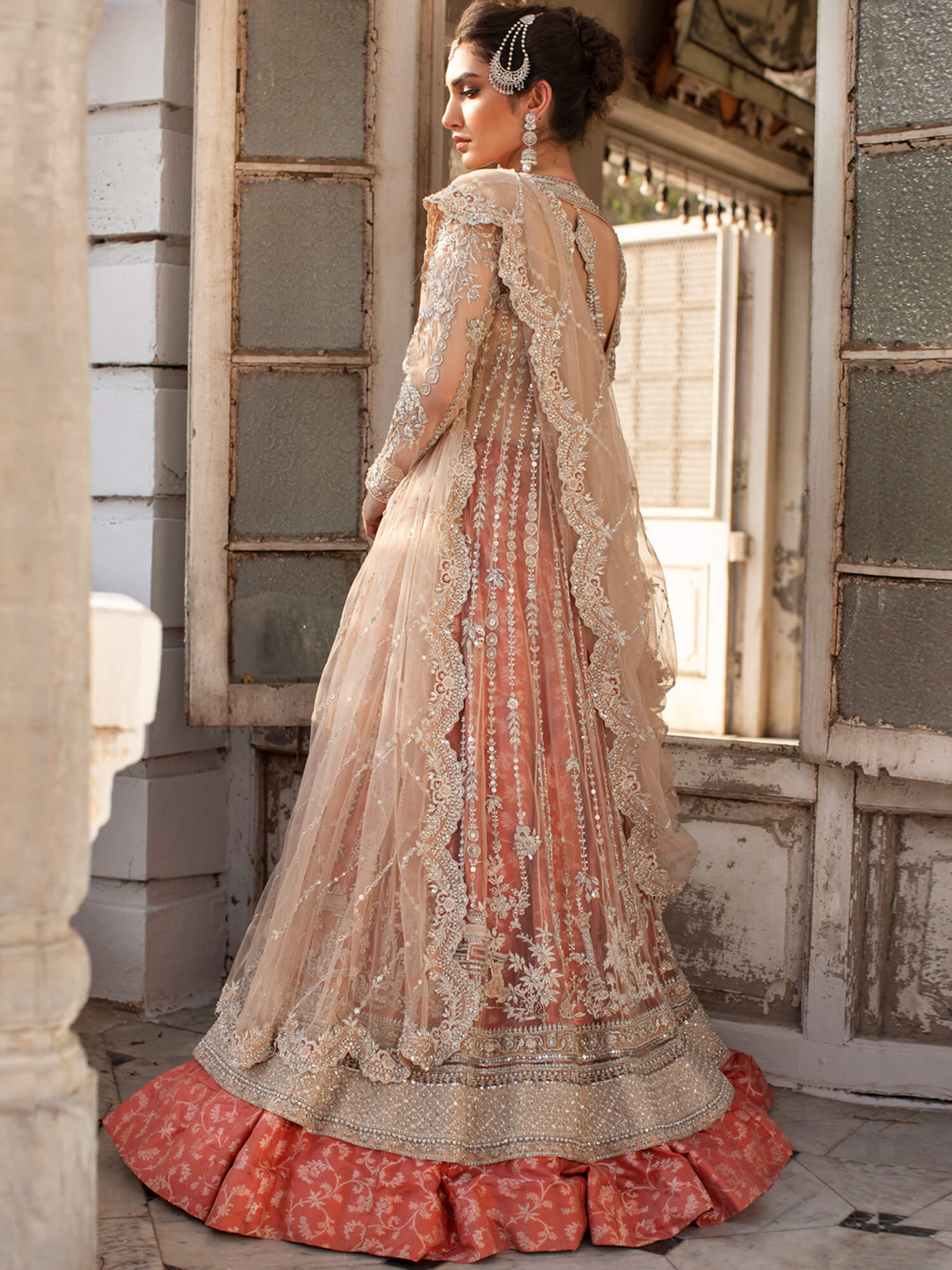 Pakistani Ivory Embroidered Net Kalidar with Brocade Lehenga (3-Piece) - Image 4