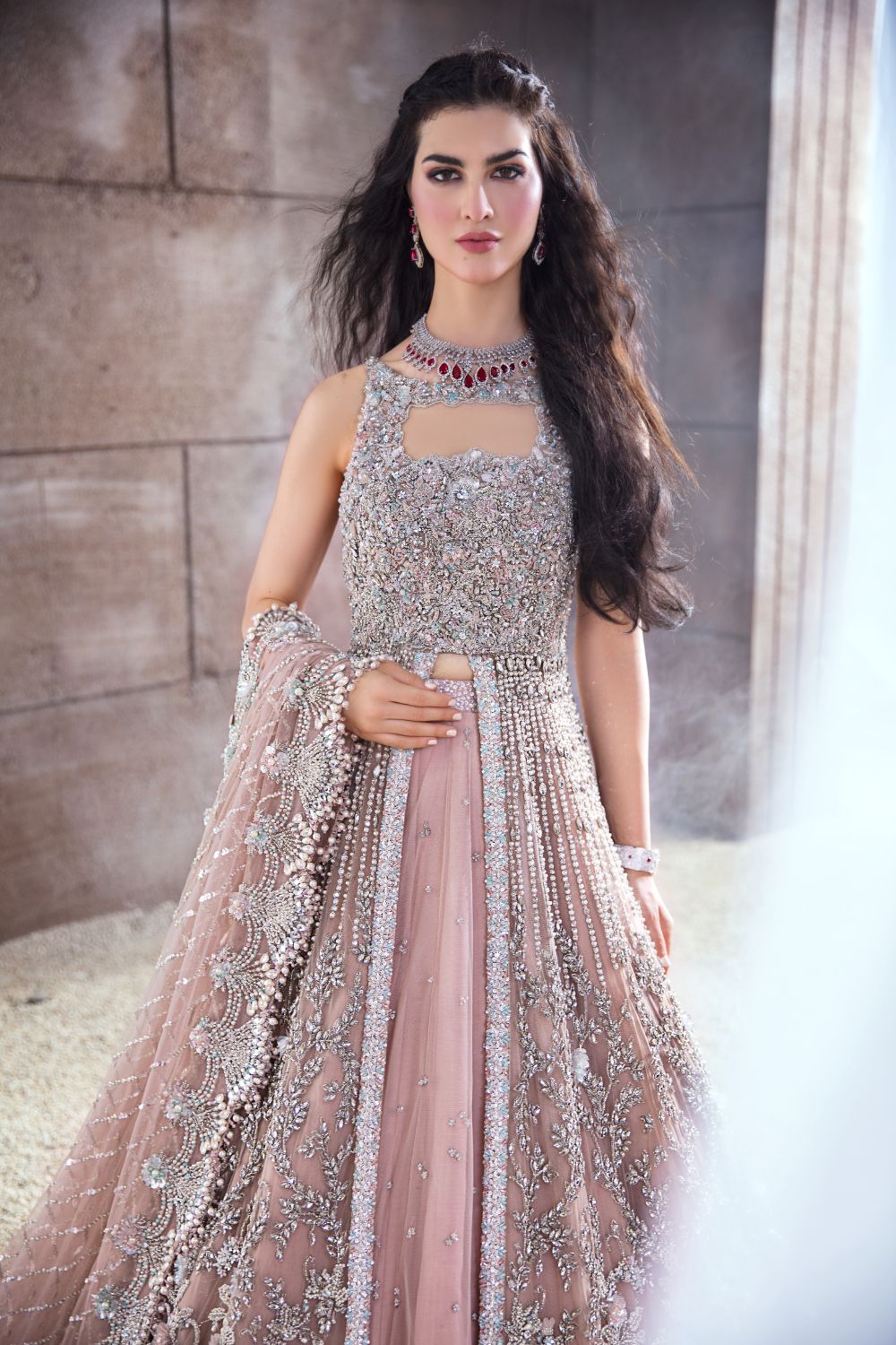 Pakistani Ivory Embellished Net Front-Open Gown Lehenga (3-Piece) - Image 1