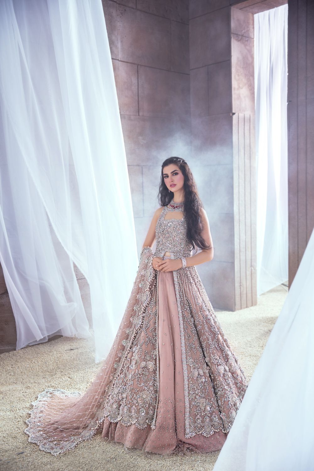 Pakistani Ivory Embellished Net Front-Open Gown Lehenga (3-Piece) - Image 4