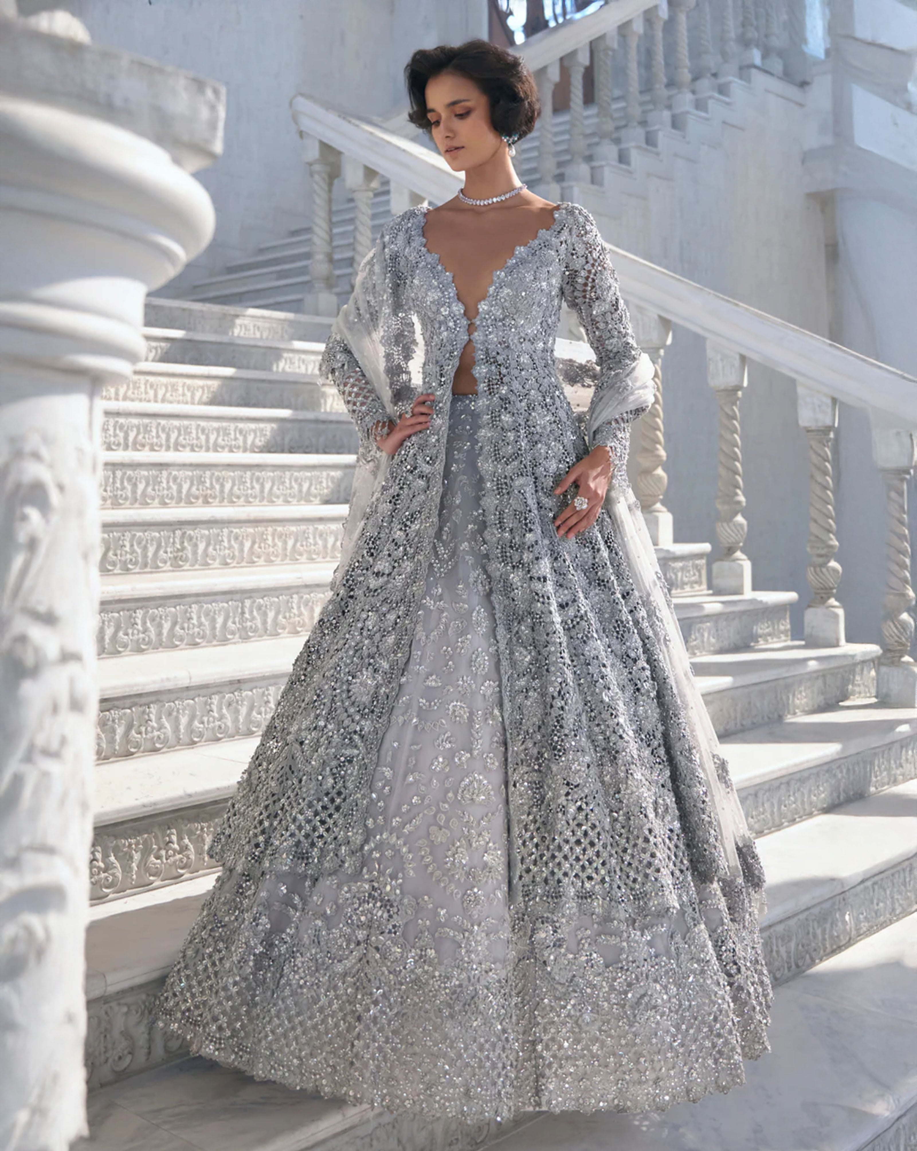 Indian Nude Cut Work Embroidered Net Lehenga Set (3-Piece) - Image 1