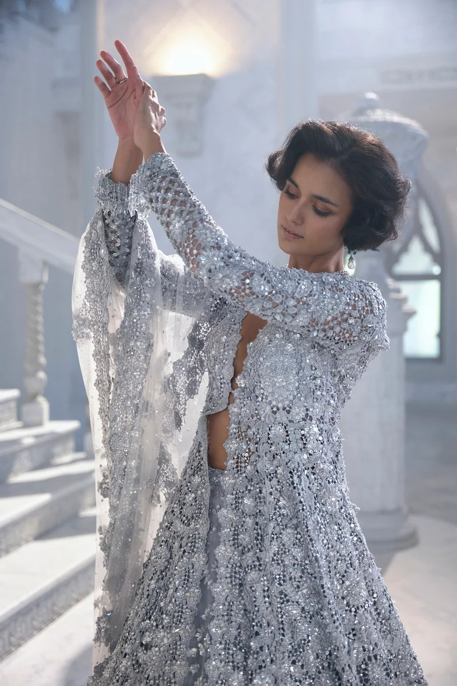 Indian Nude Cut Work Embroidered Net Lehenga Set (3-Piece) - Image 5