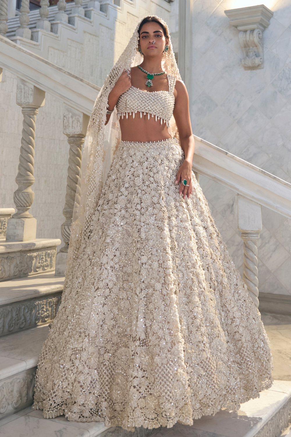 Ivory Cut Work Embroidered Net Lehenga (3-Piece) - Image 2