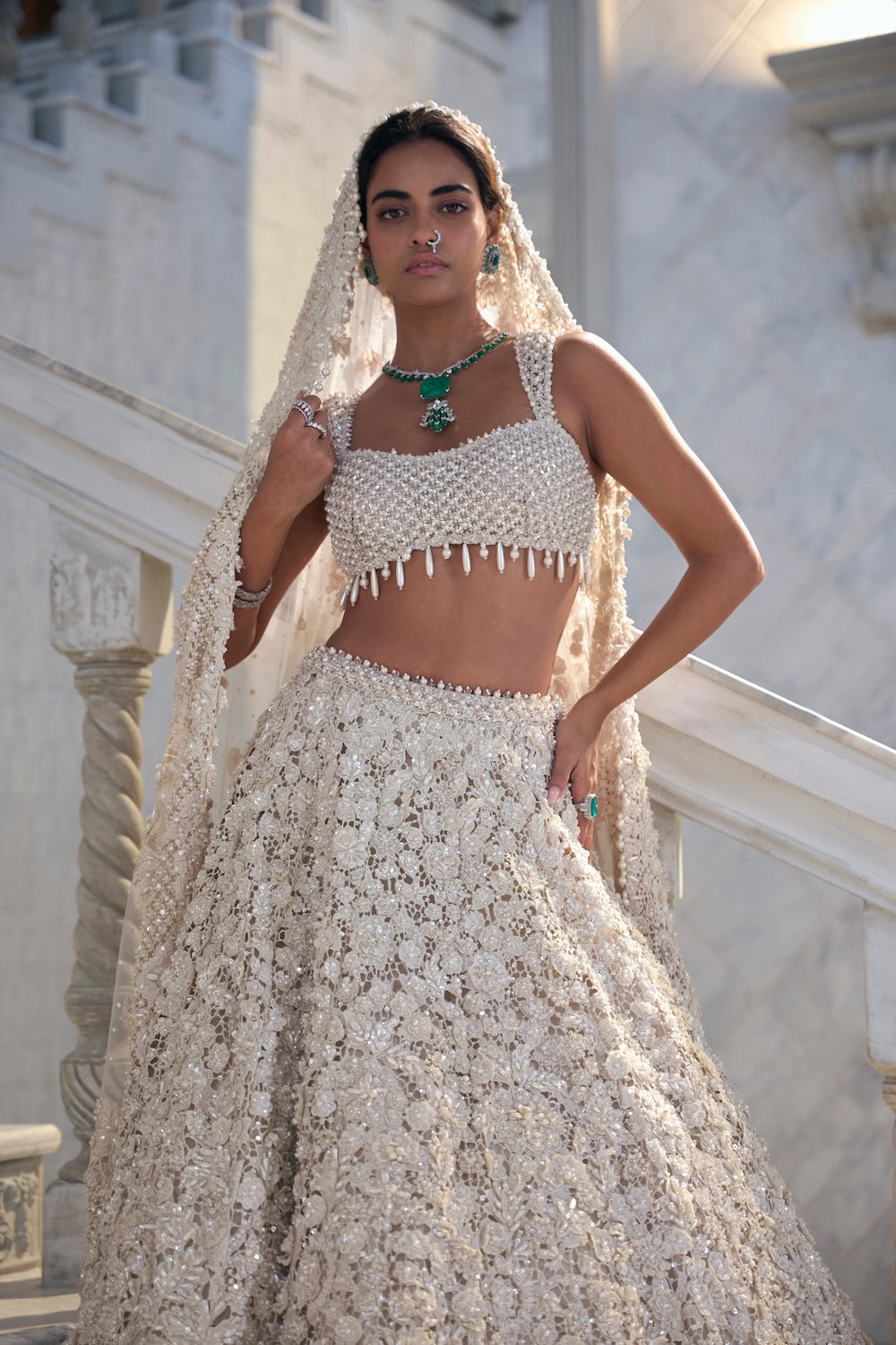 Ivory Cut Work Embroidered Net Lehenga (3-Piece) - Image 3