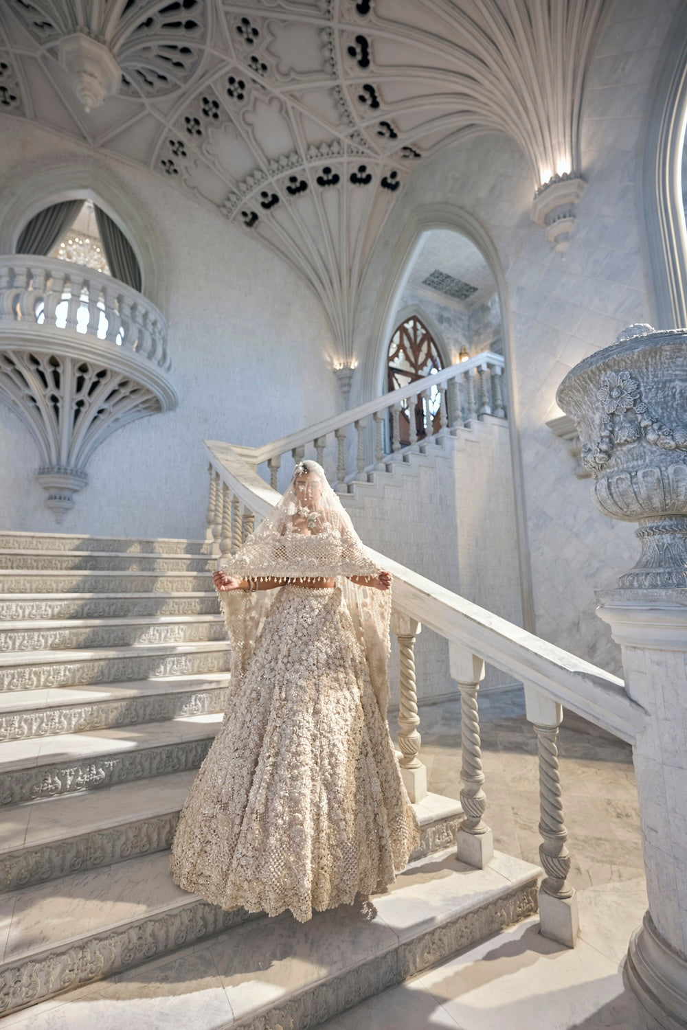 Ivory Cut Work Embroidered Net Lehenga (3-Piece) - Image 4