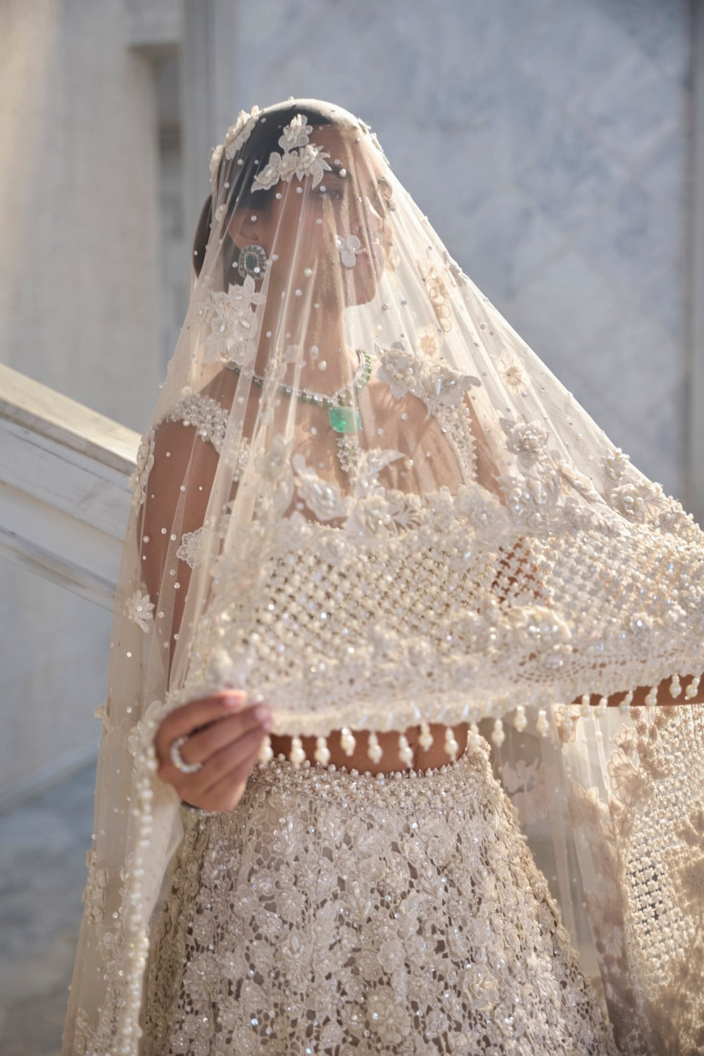 Ivory Cut Work Embroidered Net Lehenga (3-Piece) - Image 5