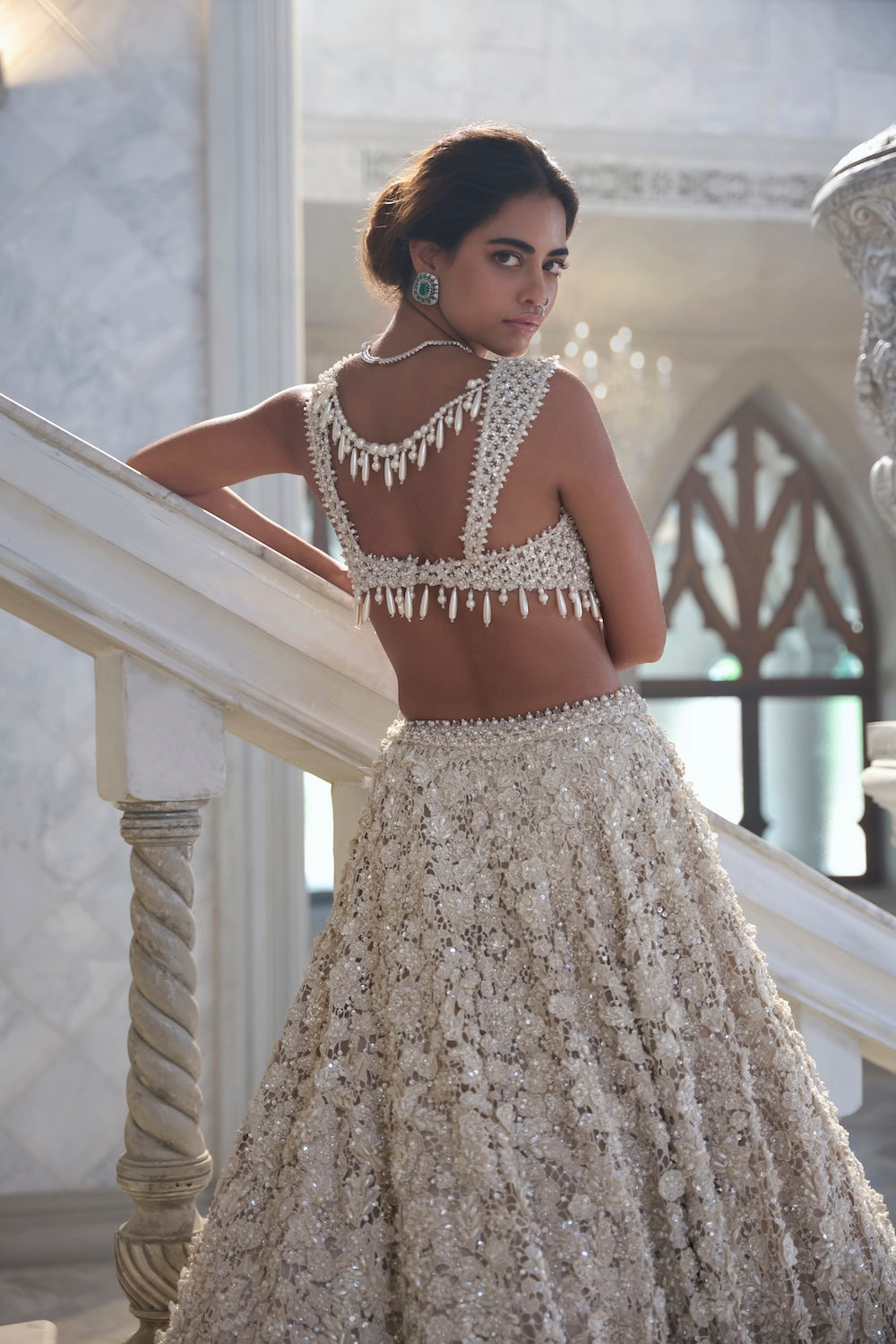 Ivory Cut Work Embroidered Net Lehenga (3-Piece) - Image 6