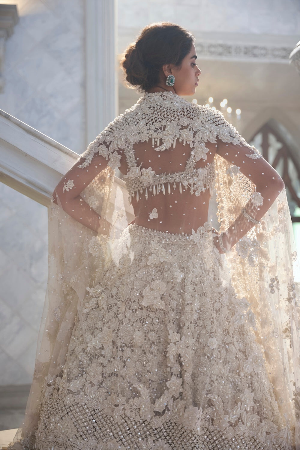 Ivory Cut Work Embroidered Net Lehenga (3-Piece) - Image 7